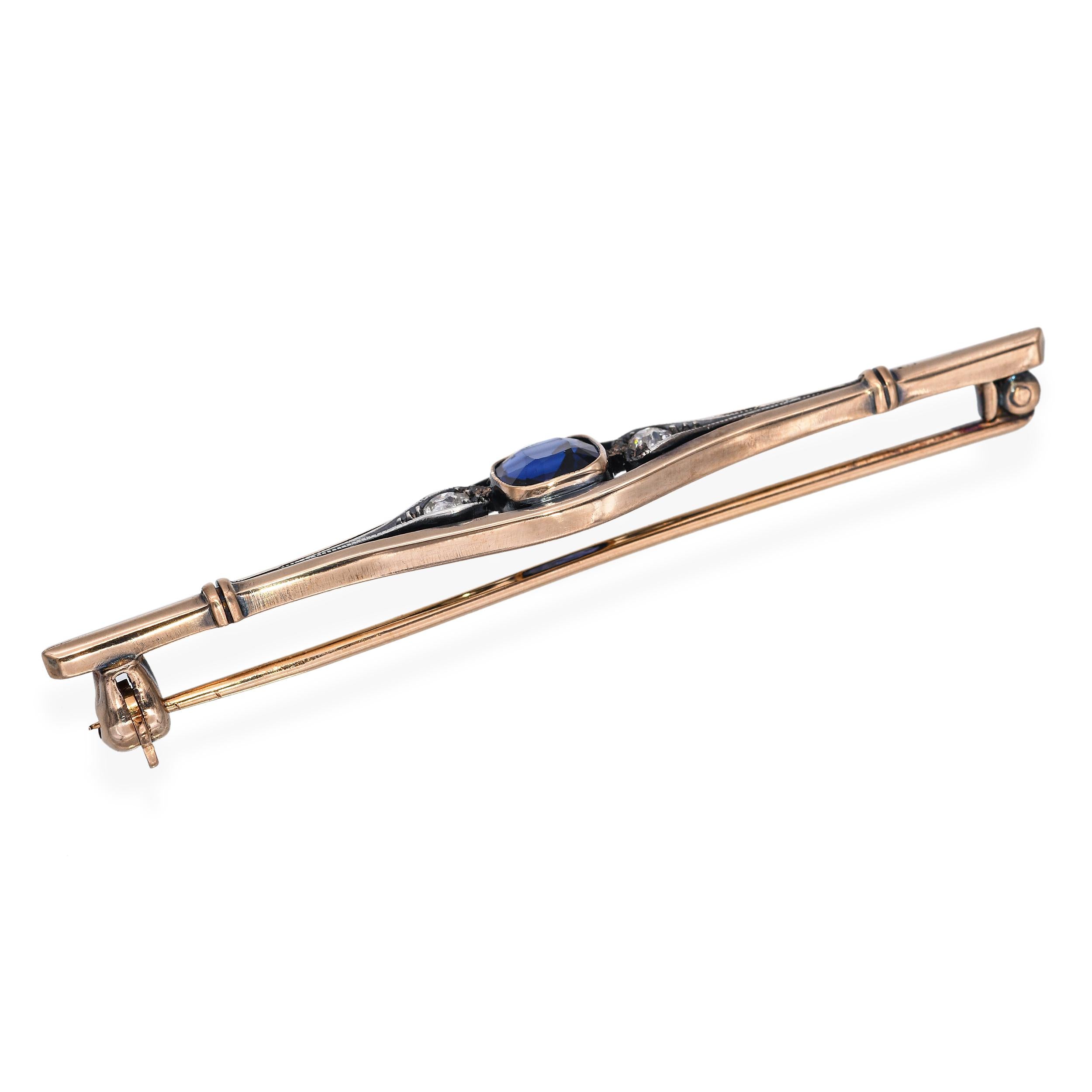 Antique 8k Yellow Gold 0.8ct Royal Blue Sapphire and Diamond Bar Brooch