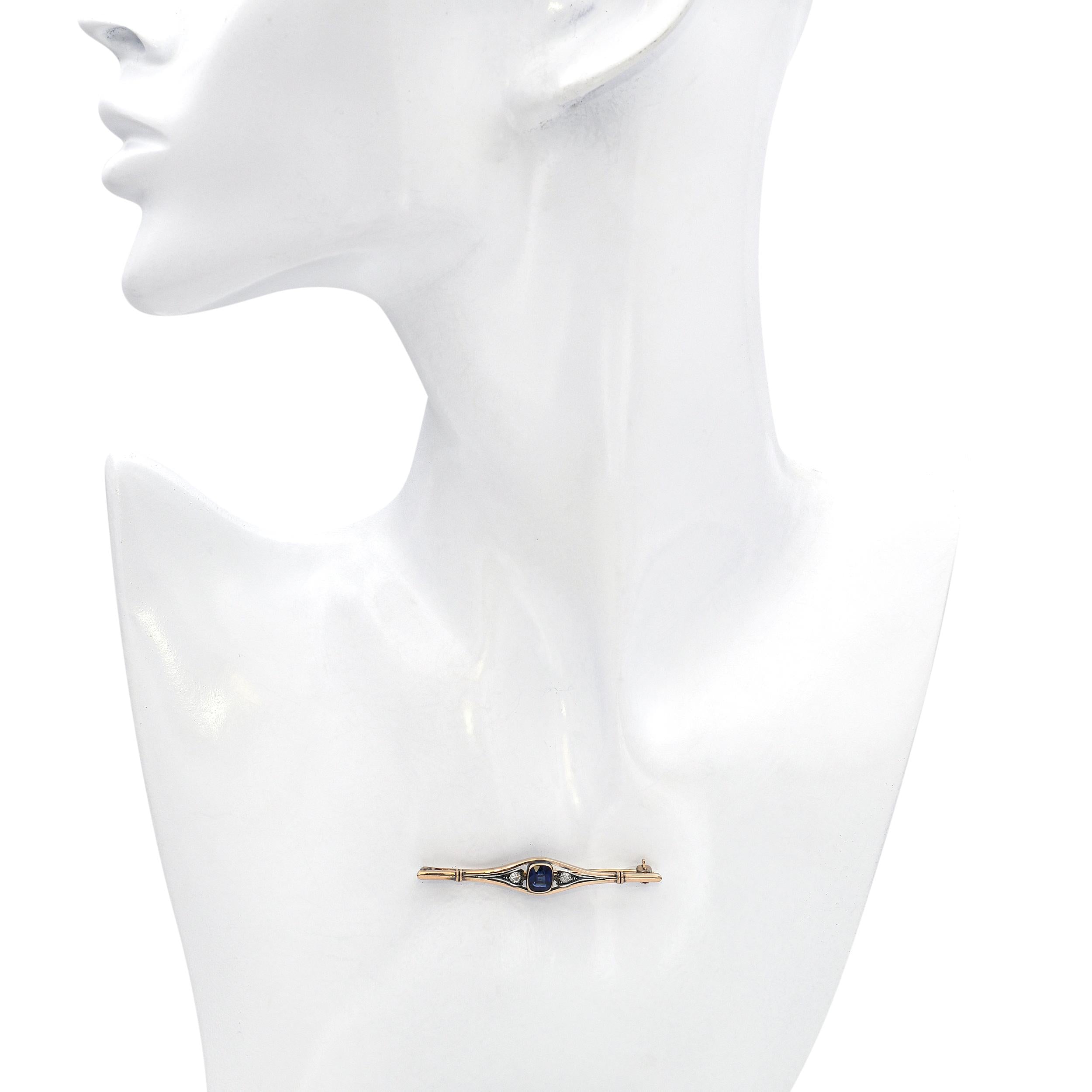 Antique 8k Yellow Gold 0.8ct Royal Blue Sapphire and Diamond Bar Brooch