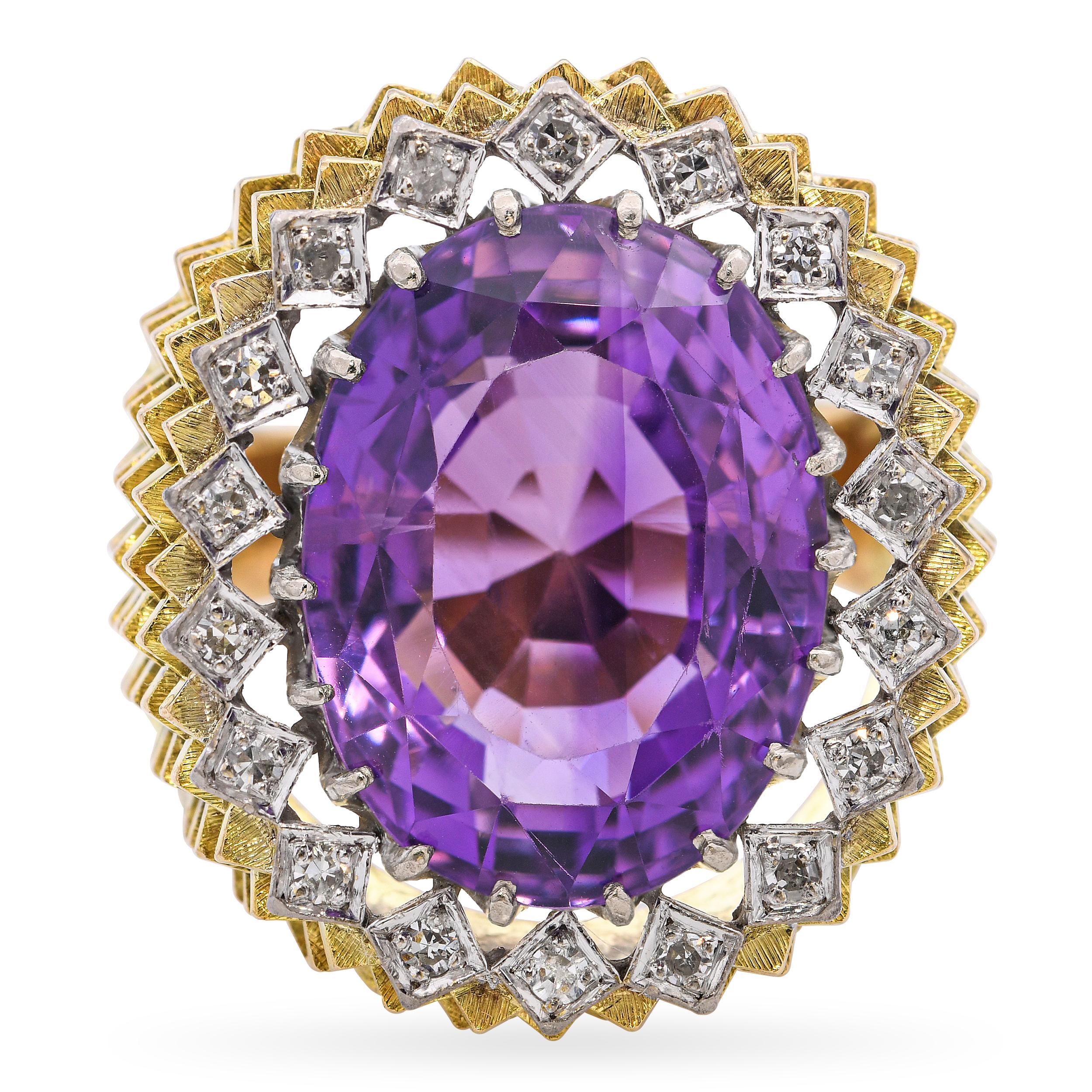 Vintage 14k Gold 11ct Amethyst and Diamond Cocktail Ring