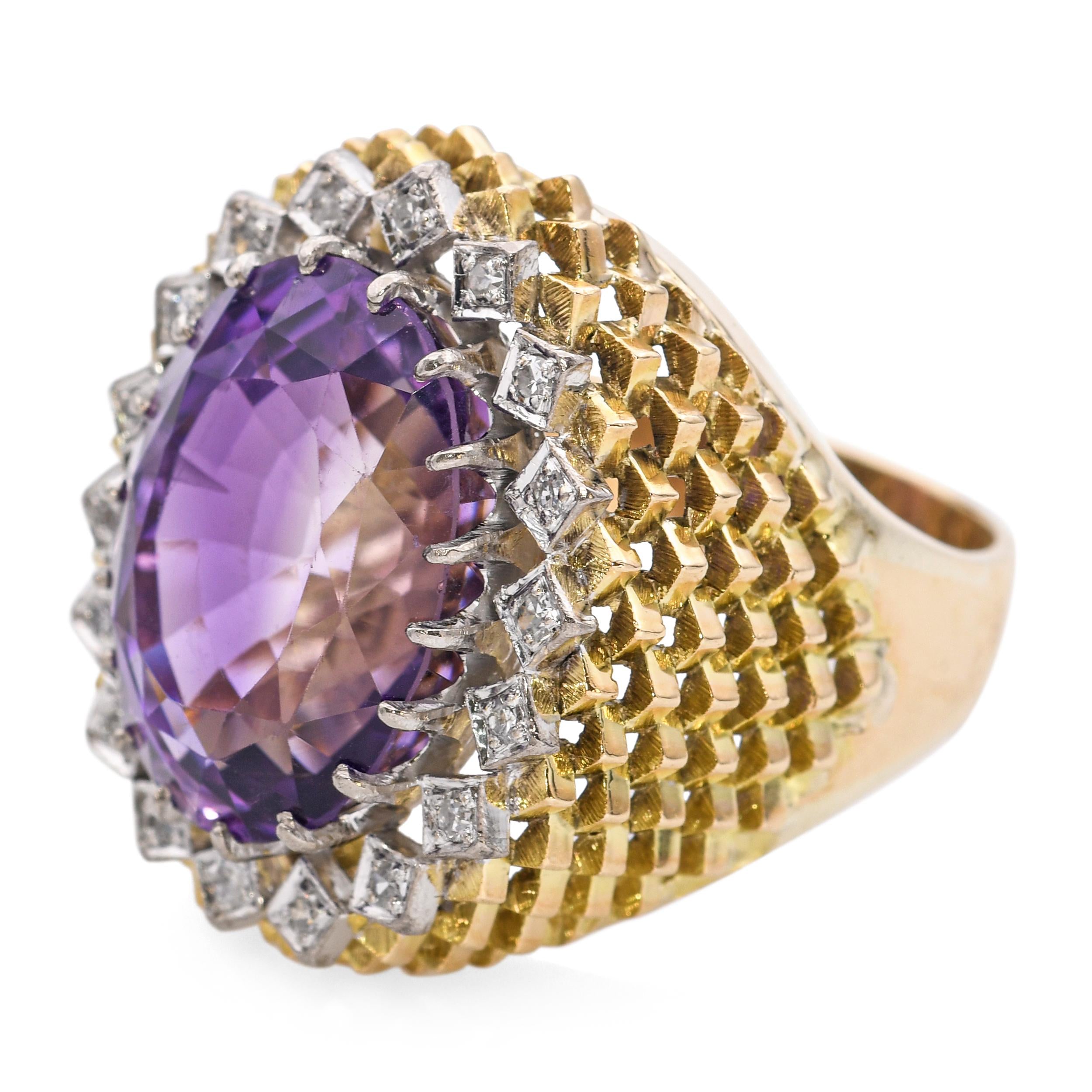 Vintage 14k Gold 11ct Amethyst and Diamond Cocktail Ring