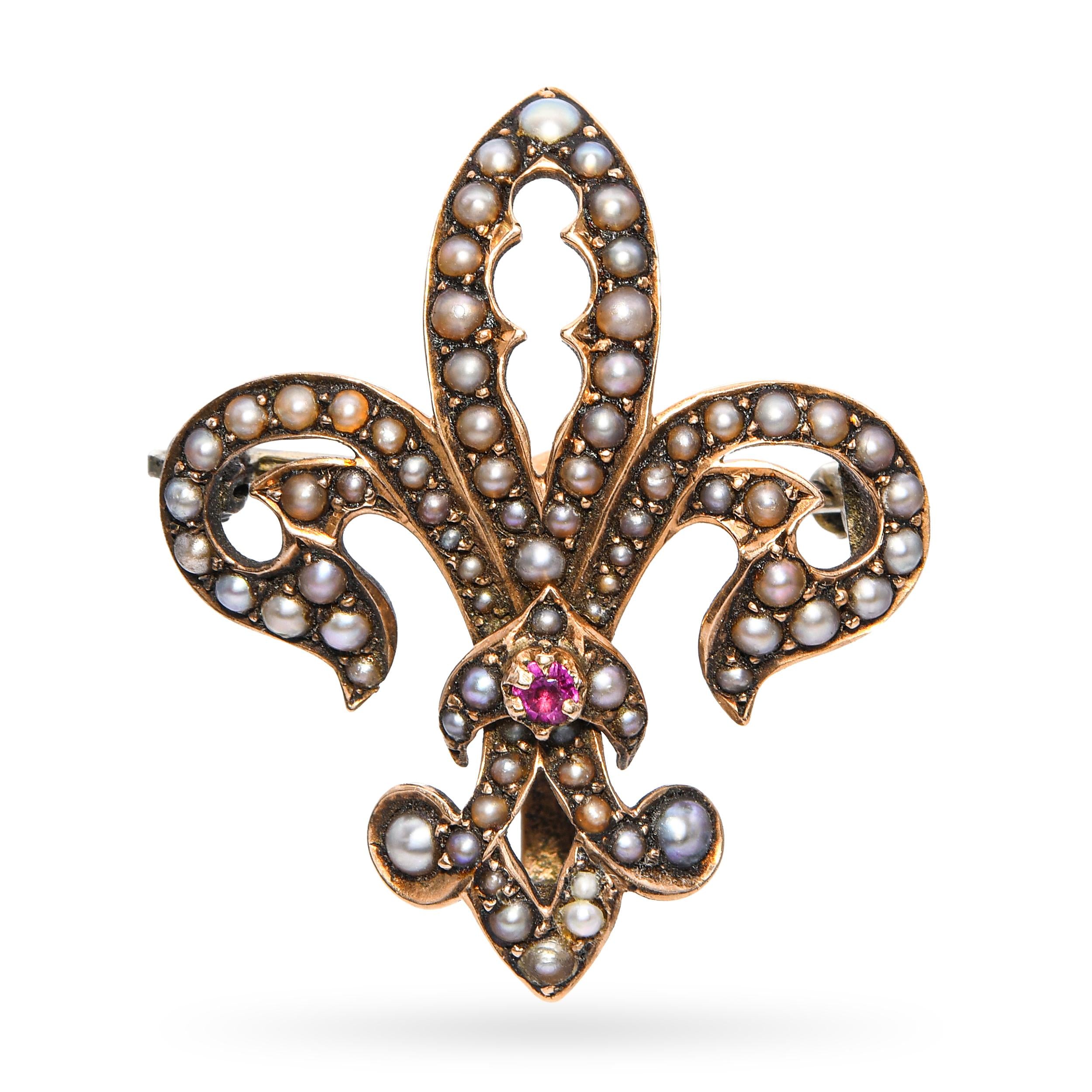 Antique Victorian 9k Rose Gold Seed Pearl and Ruby Fleur De Lis Brooch
