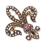 Antique Victorian 9k Rose Gold Seed Pearl and Ruby Fleur De Lis Brooch