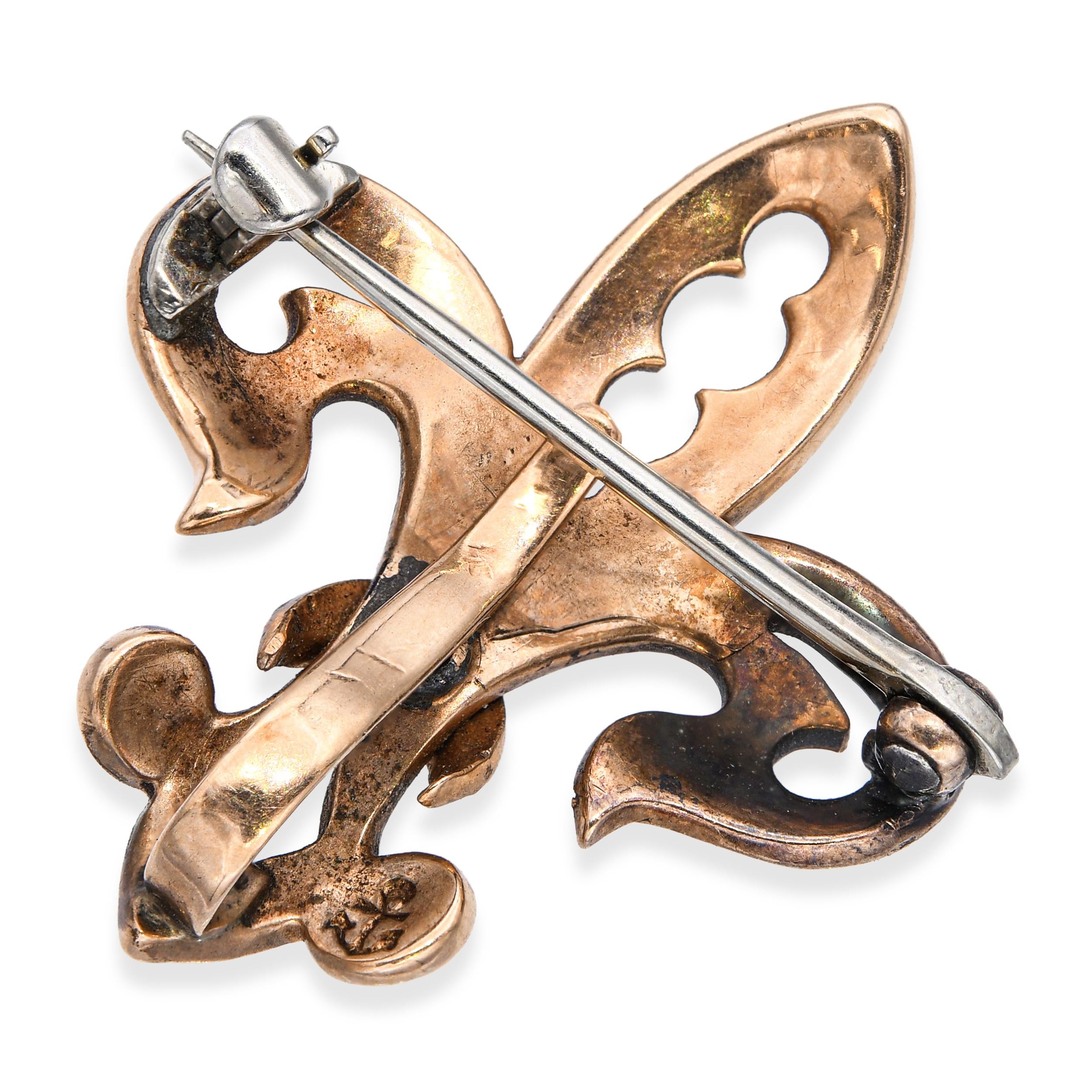 Antique Victorian 9k Rose Gold Seed Pearl and Ruby Fleur De Lis Brooch