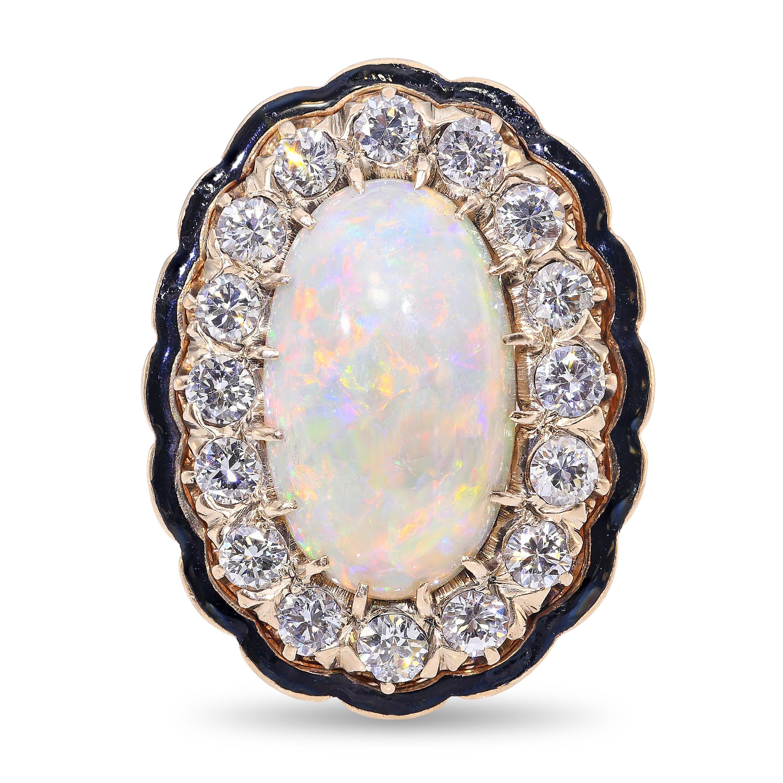 Vintage Yellow Gold 4.42ct Opal & 1.70ctw Diamond Enamel Accented Ring