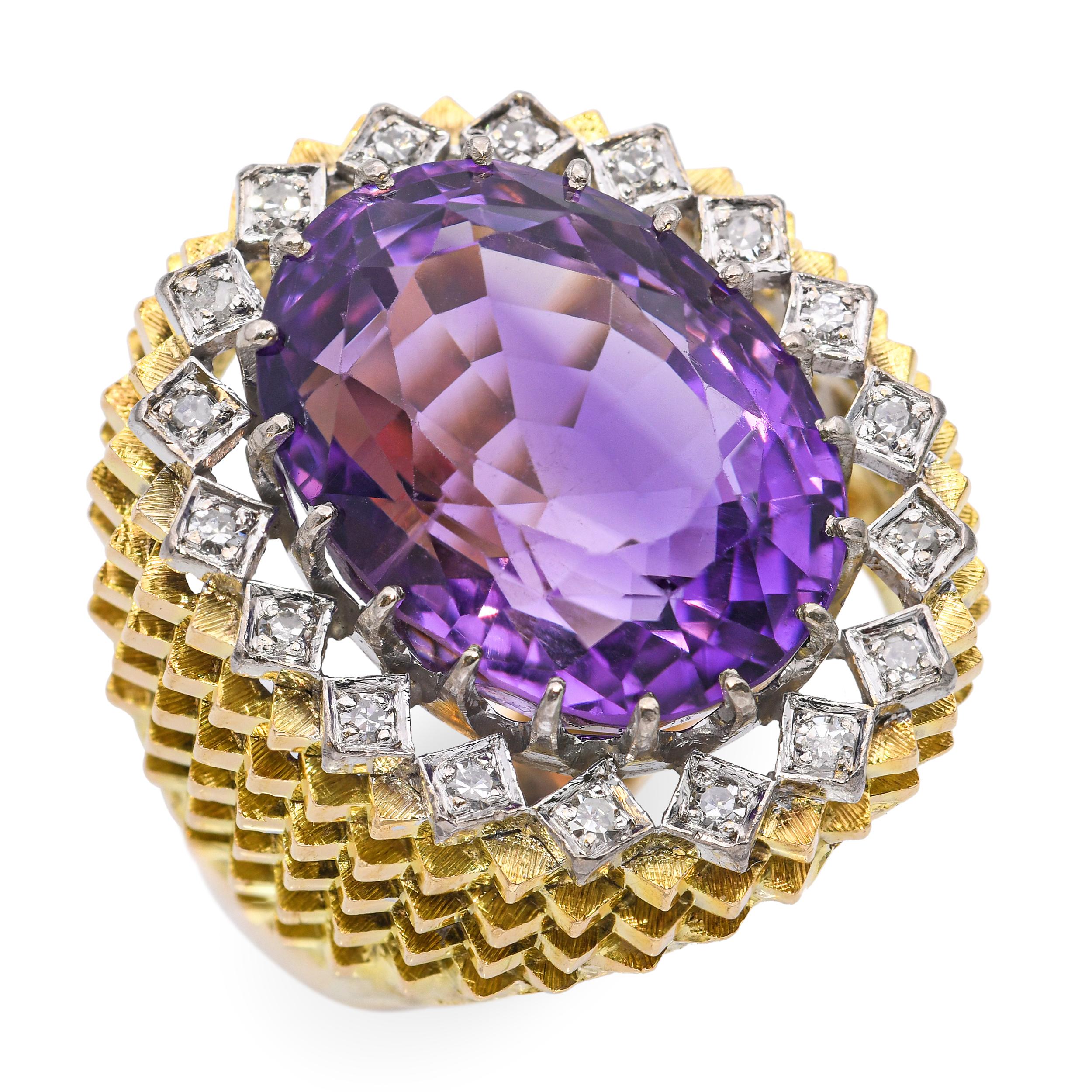 Vintage 14k Gold 11ct Amethyst and Diamond Cocktail Ring