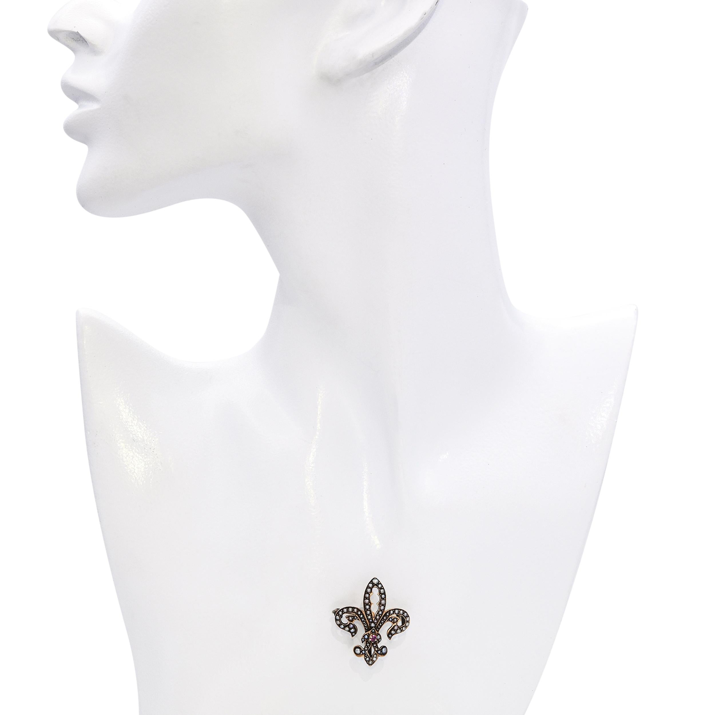 Antique Victorian 9k Rose Gold Seed Pearl and Ruby Fleur De Lis Brooch