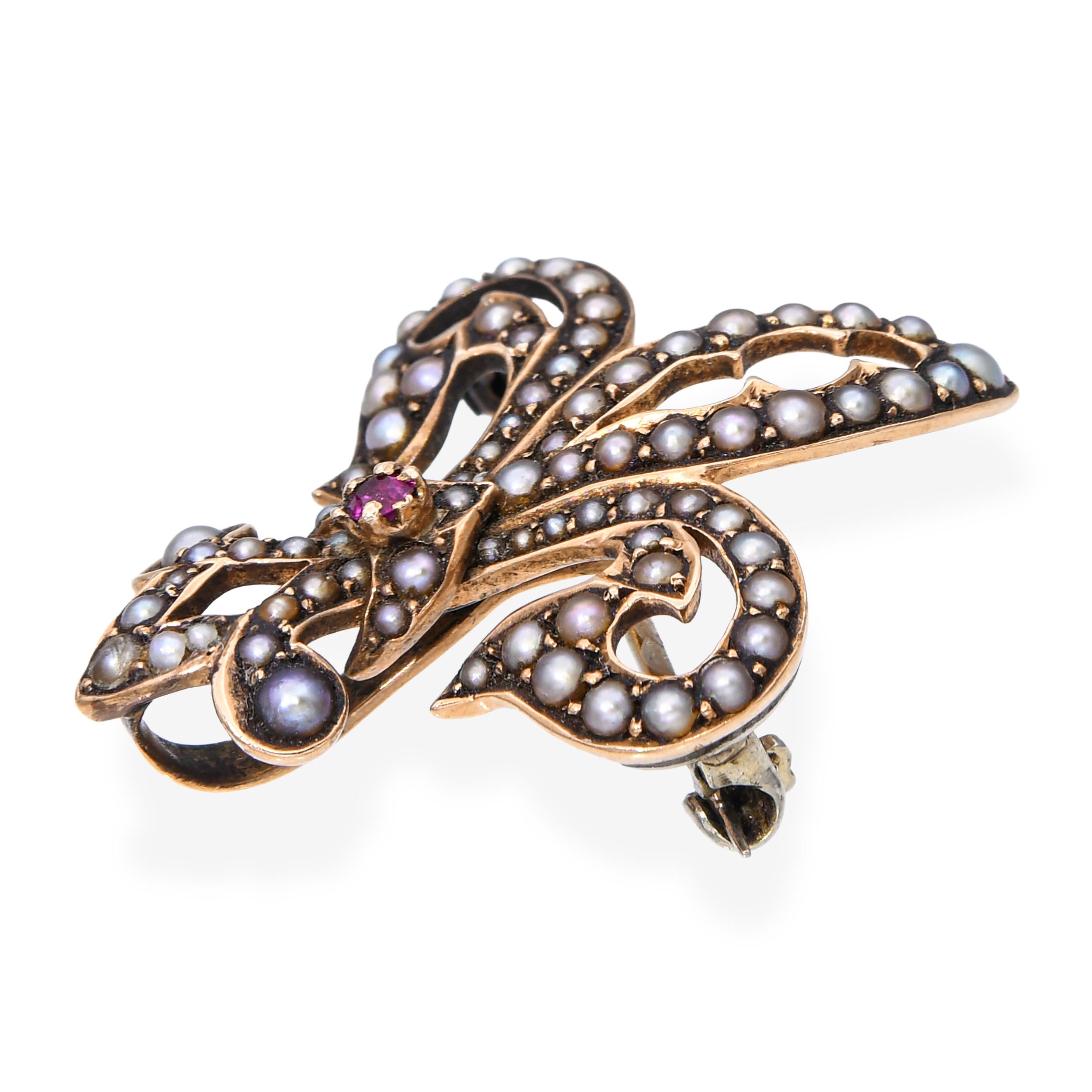 Antique Victorian 9k Rose Gold Seed Pearl and Ruby Fleur De Lis Brooch