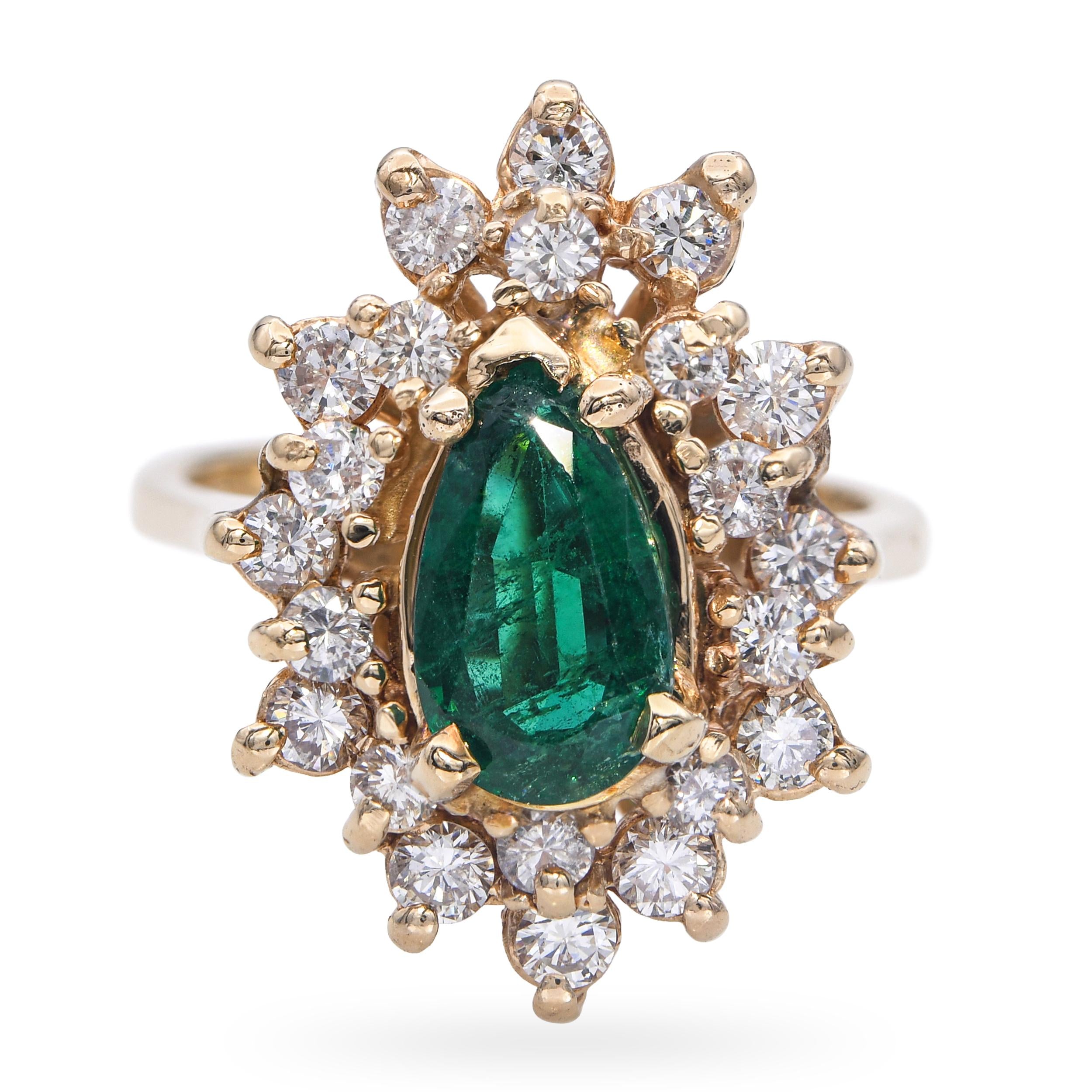 Vintage 14k Yellow Gold 1.03ct Emerald and Diamond Statement Ring