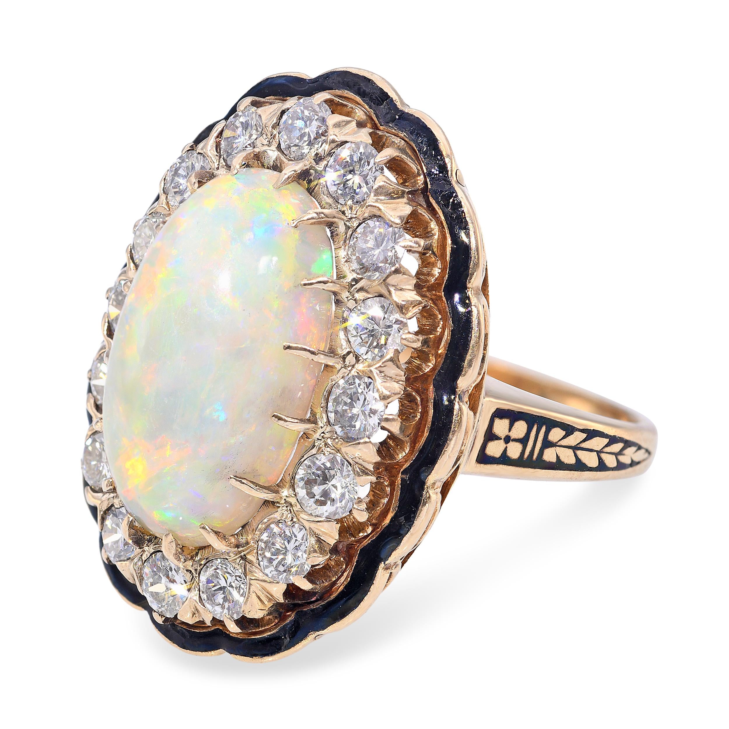 Vintage Yellow Gold 4.42ct Opal & 1.70ctw Diamond Enamel Accented Ring