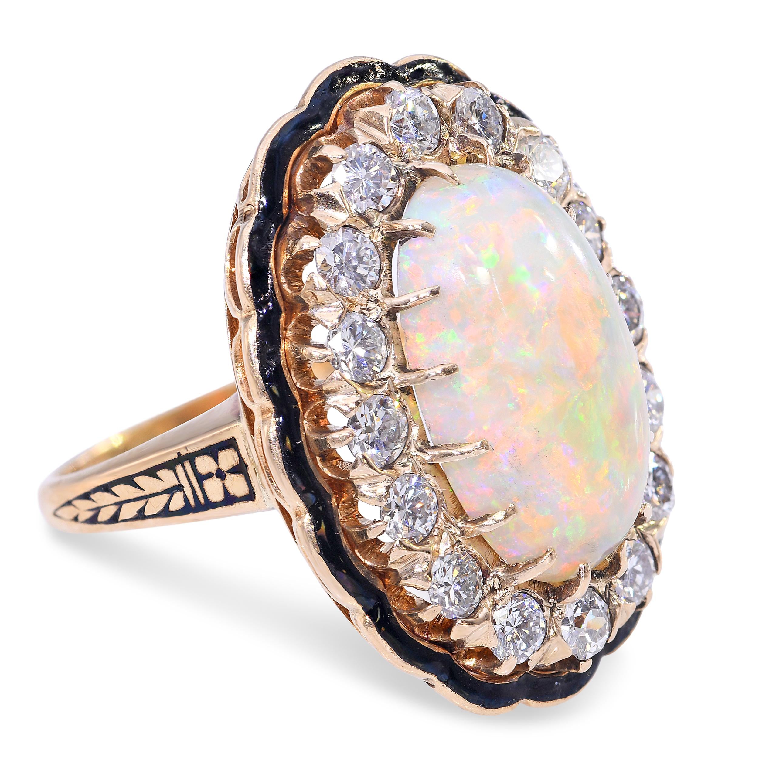 Vintage Yellow Gold 4.42ct Opal & 1.70ctw Diamond Enamel Accented Ring