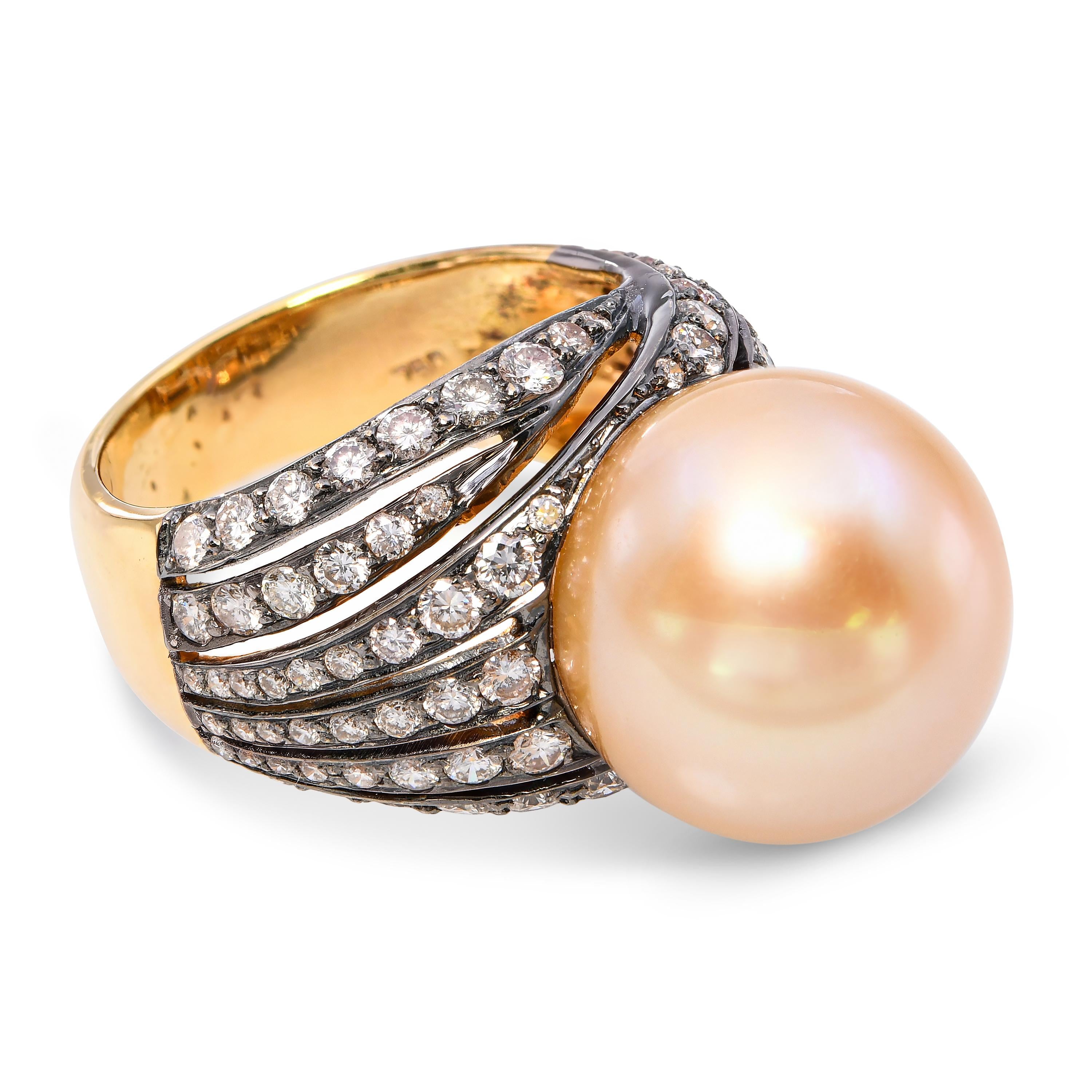 Vintage 18k Yellow Gold Golden South Sea Pearl & Diamond Ring