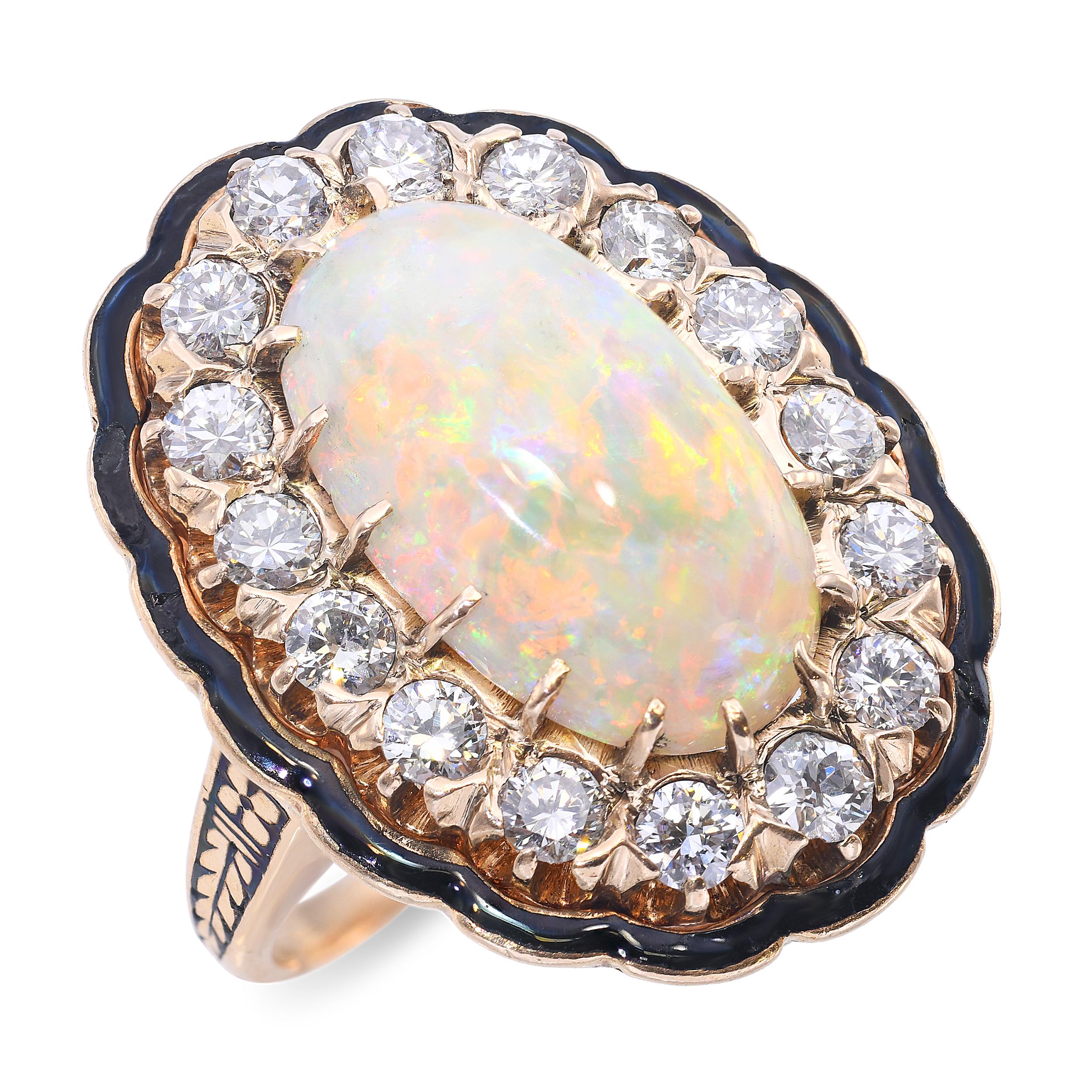 Vintage Yellow Gold 4.42ct Opal & 1.70ctw Diamond Enamel Accented Ring