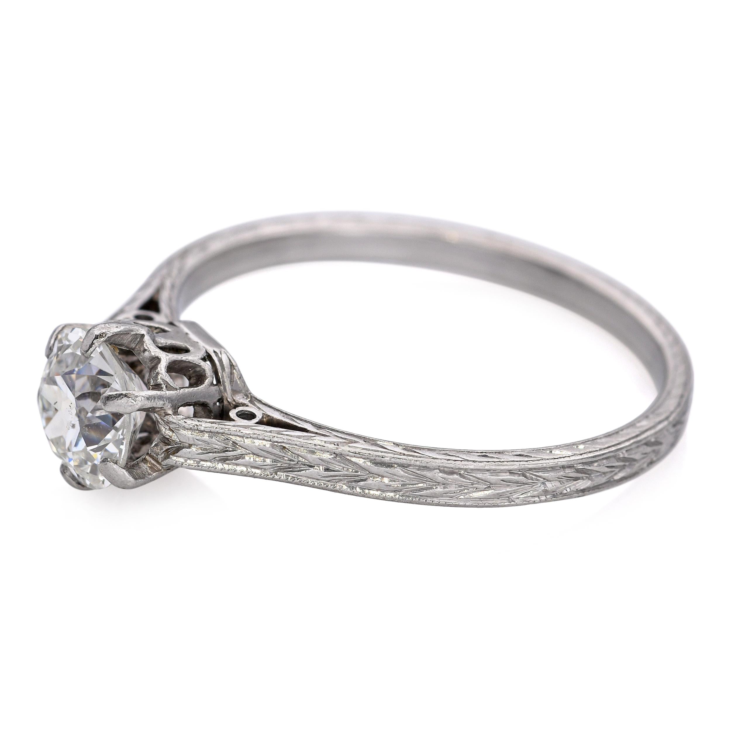 Antique Art Deco Carved Platinum 0.73ct Old European Cut Diamond Engagement Ring