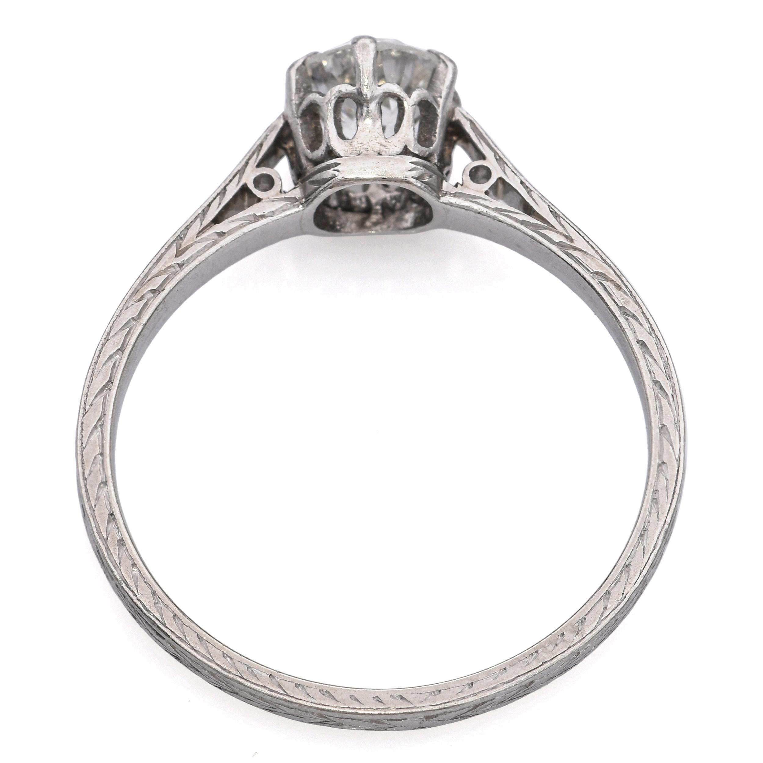 Antique Art Deco Carved Platinum 0.73ct Old European Cut Diamond Engagement Ring