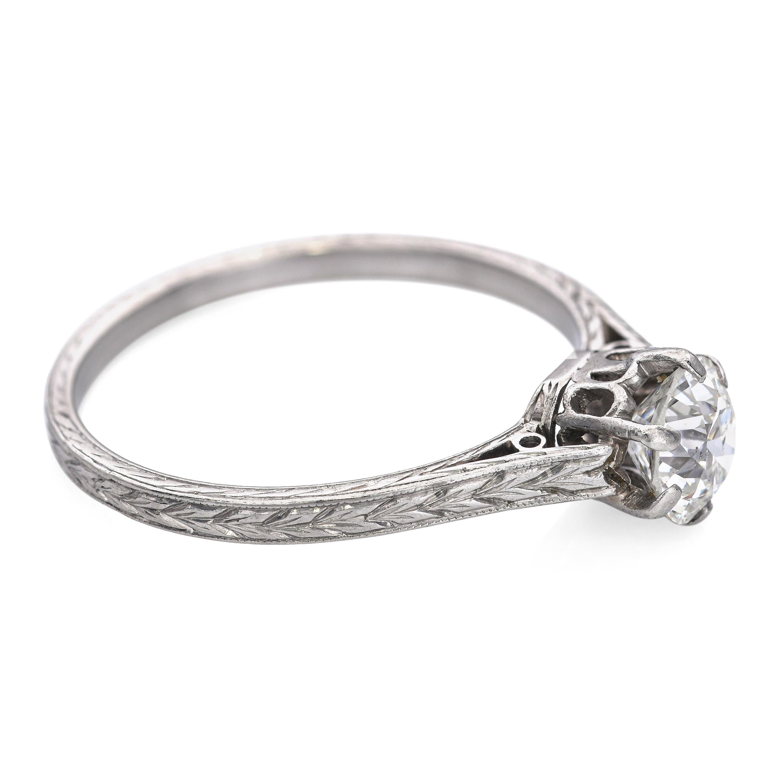 Antique Art Deco Carved Platinum 0.73ct Old European Cut Diamond Engagement Ring