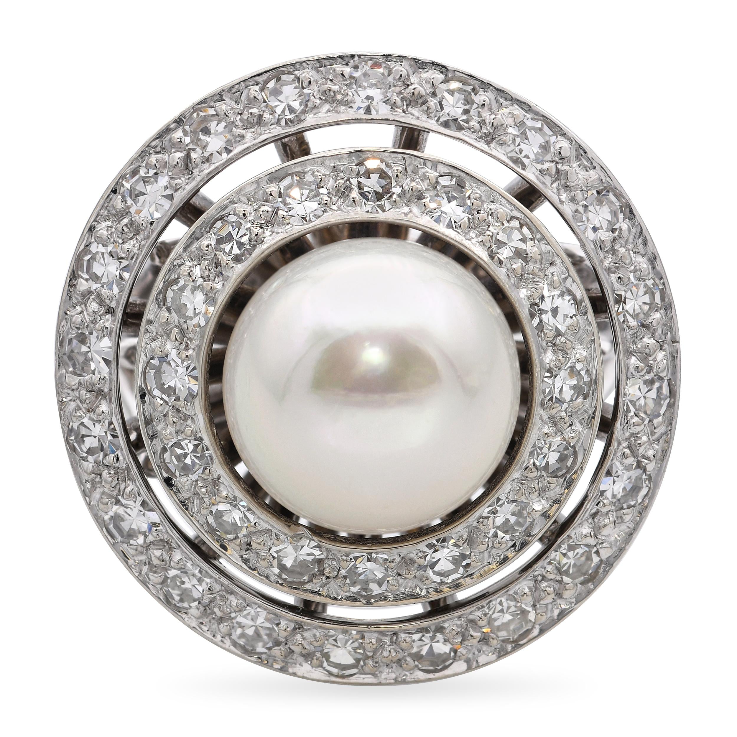 Retro White Gold Pearl and 0.55tcw Diamond Circle Halo Ring