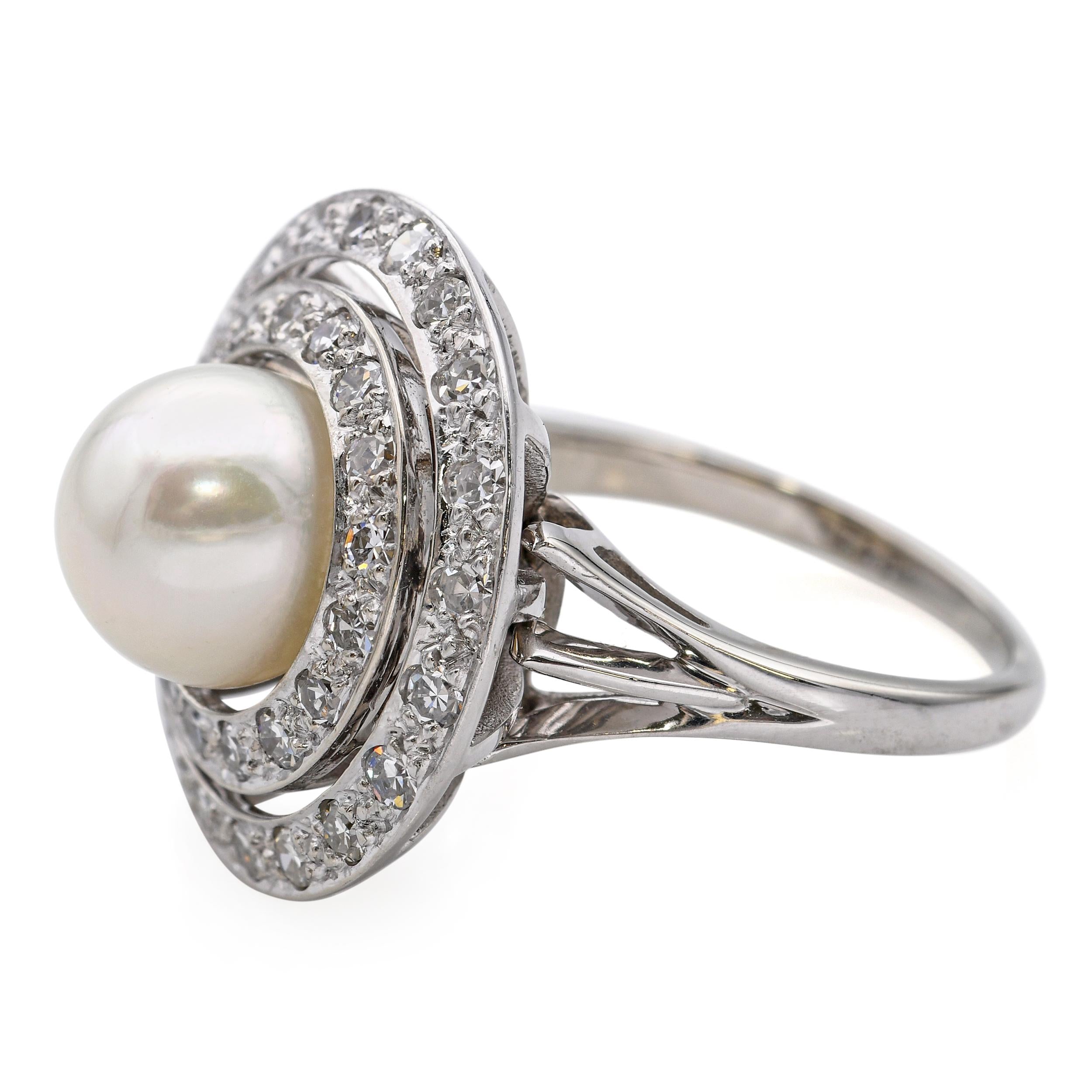 Retro White Gold Pearl and 0.55tcw Diamond Circle Halo Ring