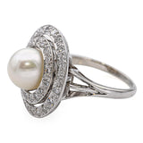 Retro White Gold Pearl and 0.55tcw Diamond Circle Halo Ring