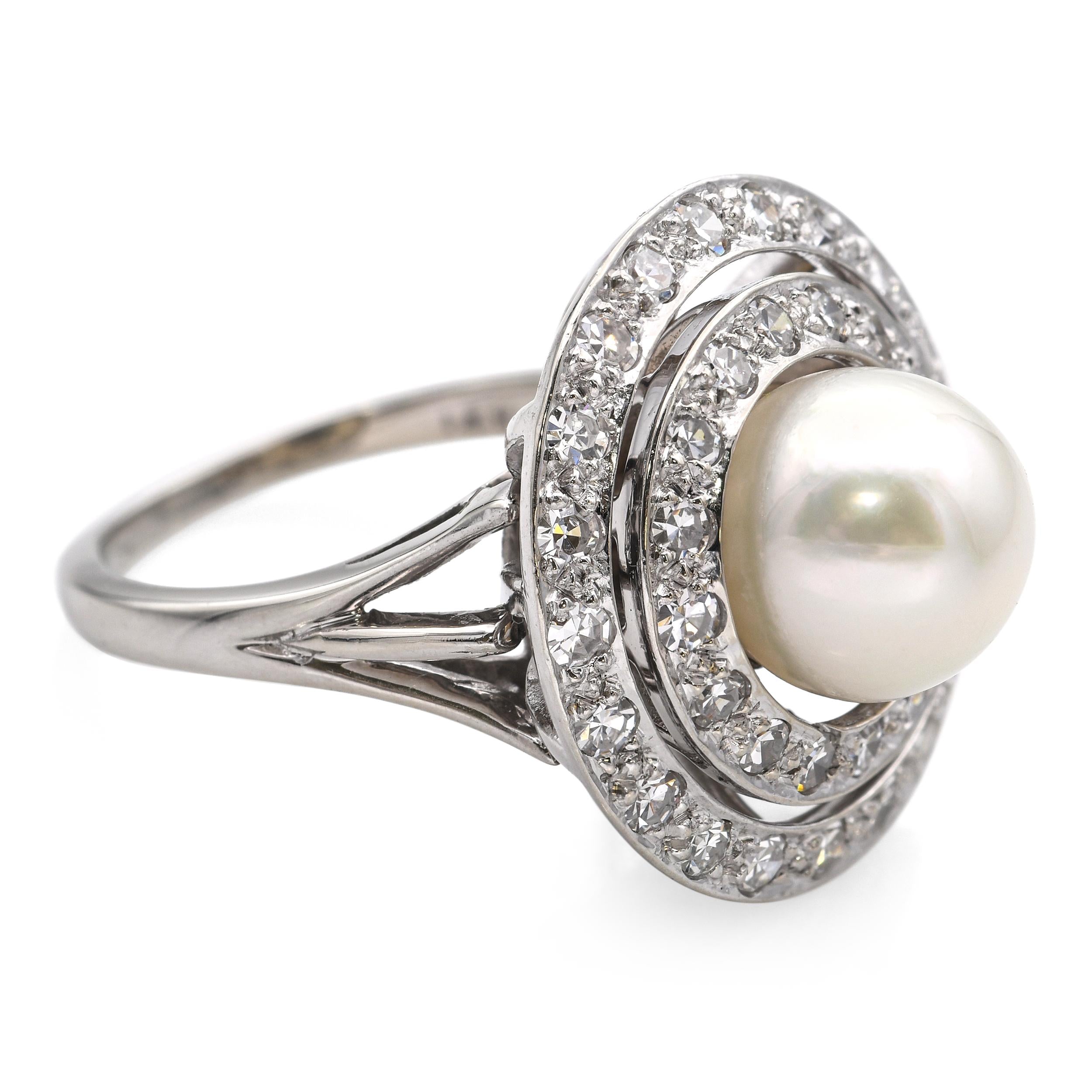 Retro White Gold Pearl and 0.55tcw Diamond Circle Halo Ring