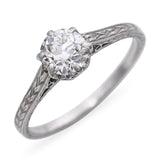Antique Art Deco Carved Platinum 0.73ct Old European Cut Diamond Engagement Ring