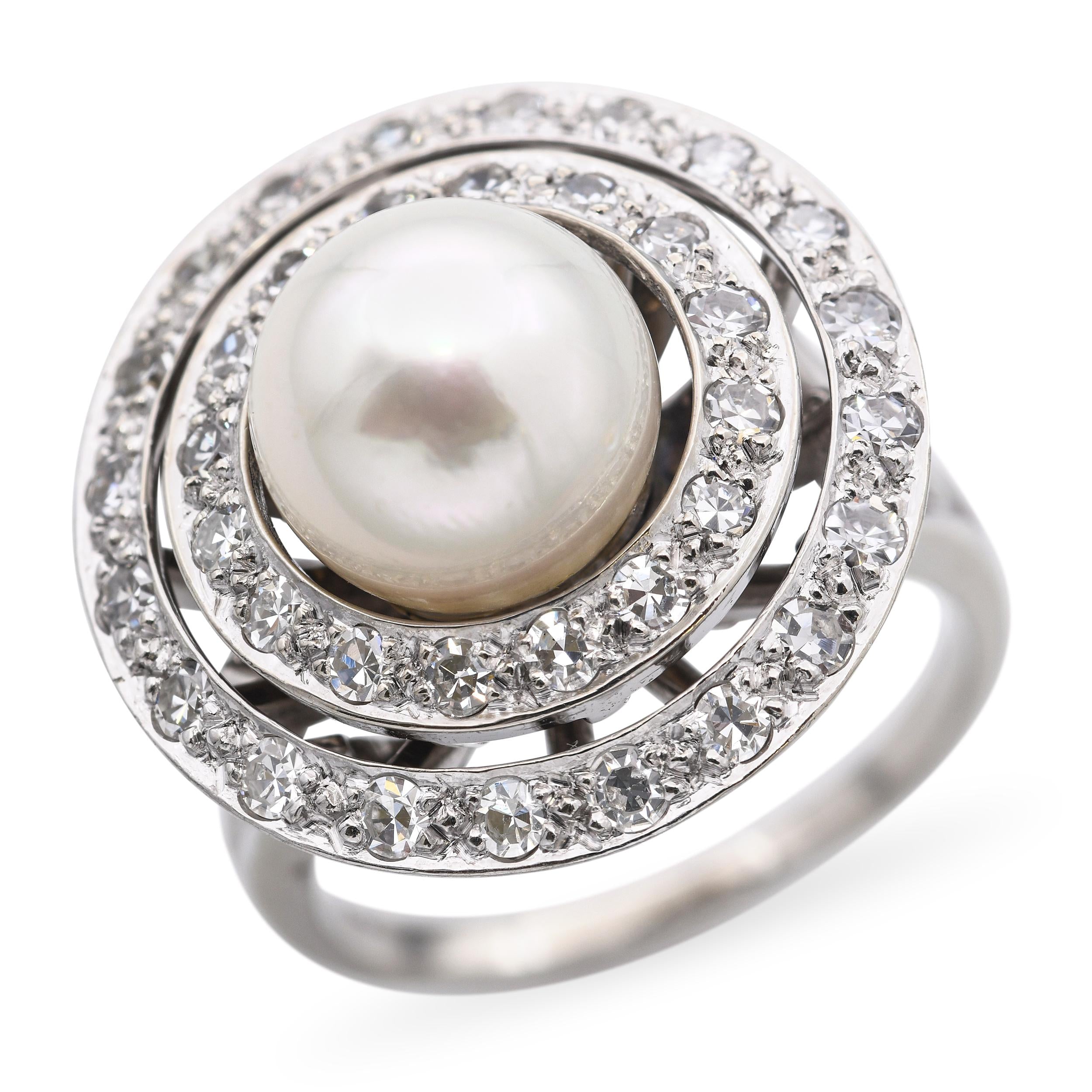 Retro White Gold Pearl and 0.55tcw Diamond Circle Halo Ring