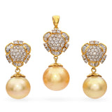 Yellow Gold Golden South Sea Pearl Diamond Earrings and Pendant Jewelry Set