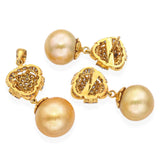 Yellow Gold Golden South Sea Pearl Diamond Earrings and Pendant Jewelry Set