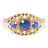 Victorian 18k Yellow Gold Sapphire and Seed Pearl Ring