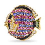 Vintage 18k Yellow Gold Multi Gemstone Fish Brooch Pendant