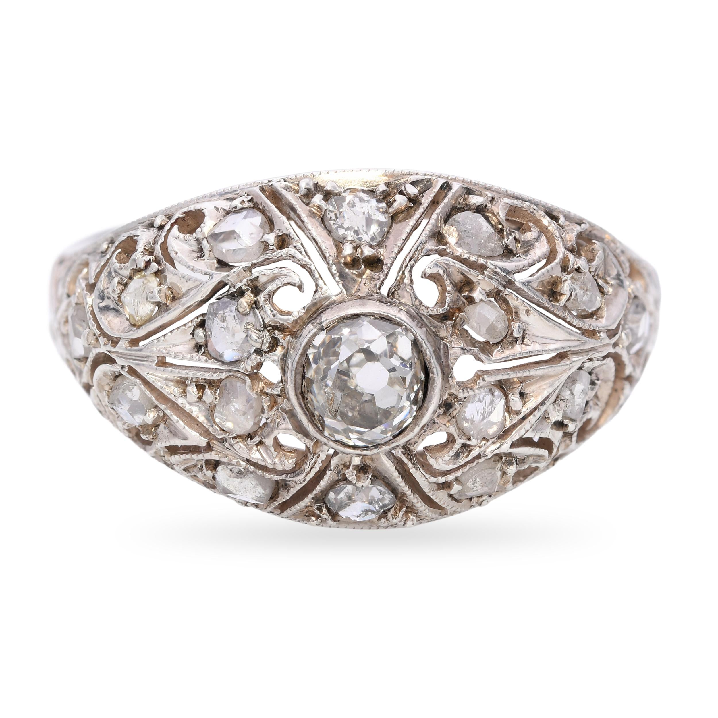 Antique Silver Old European and Rose Cut Diamond Filigree Ring