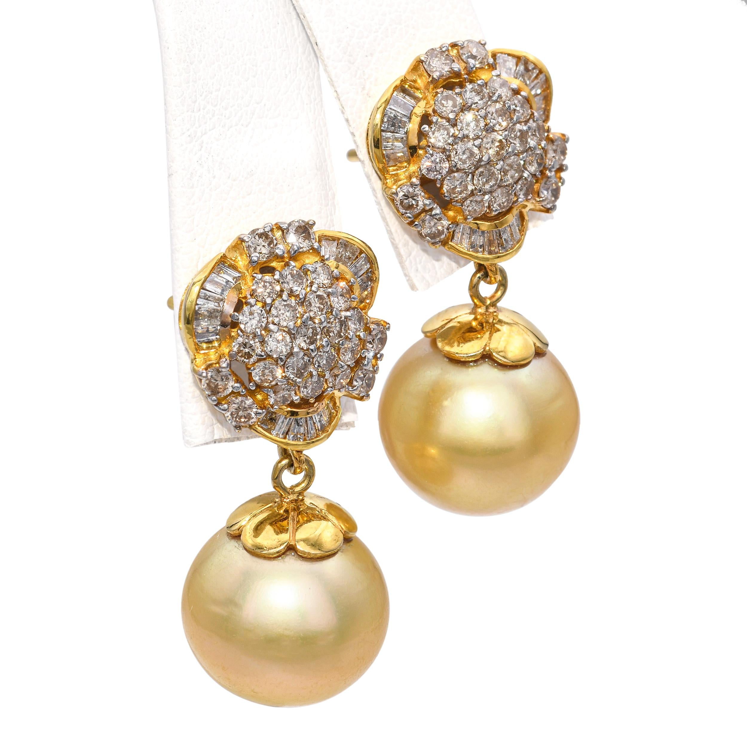14k Yellow Gold Golden South Sea Pearl Diamond Earrings and Pendant Jewelry Set