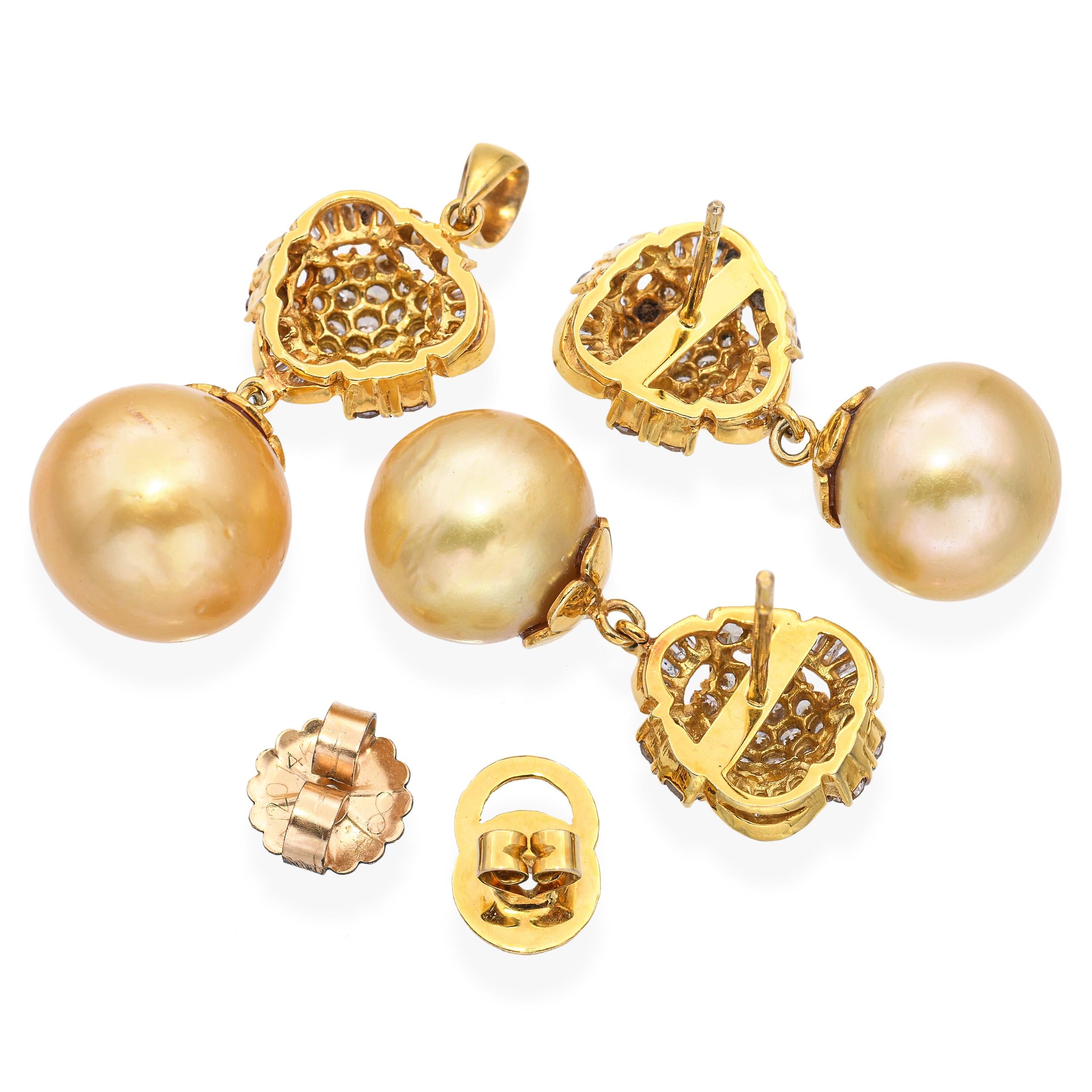 Yellow Gold Golden South Sea Pearl Diamond Earrings and Pendant Jewelry Set