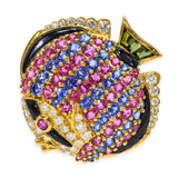 Vintage 18k Yellow Gold Multi Gemstone Fish Brooch Pendant