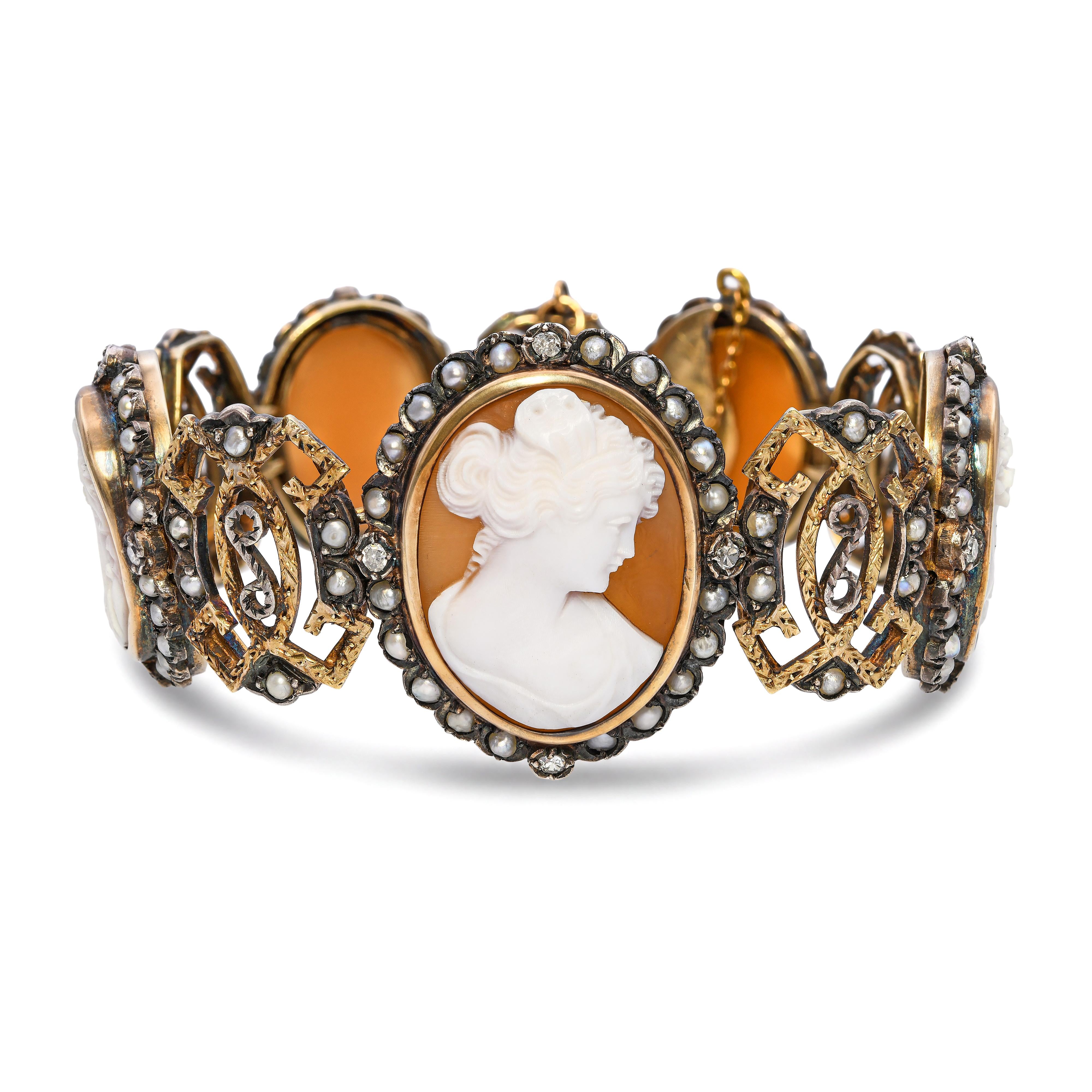Victorian Silver and Yellow Gold Multi Cameo Pearl and Diamond Bracelet