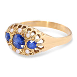 Victorian 18k Yellow Gold Sapphire and Seed Pearl Ring