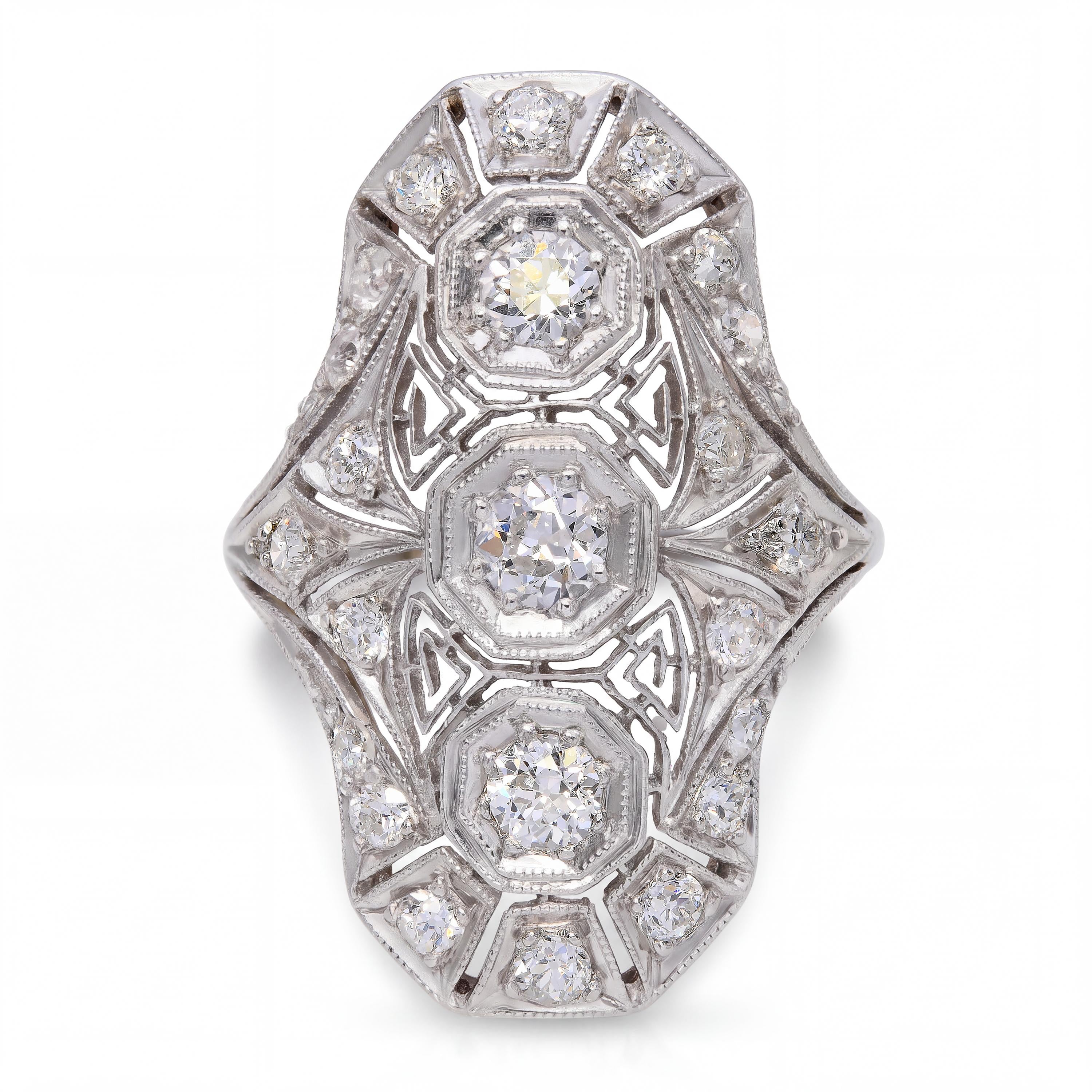 Art Deco Platinum Topped 14k White Gold Diamond Dinner Ring