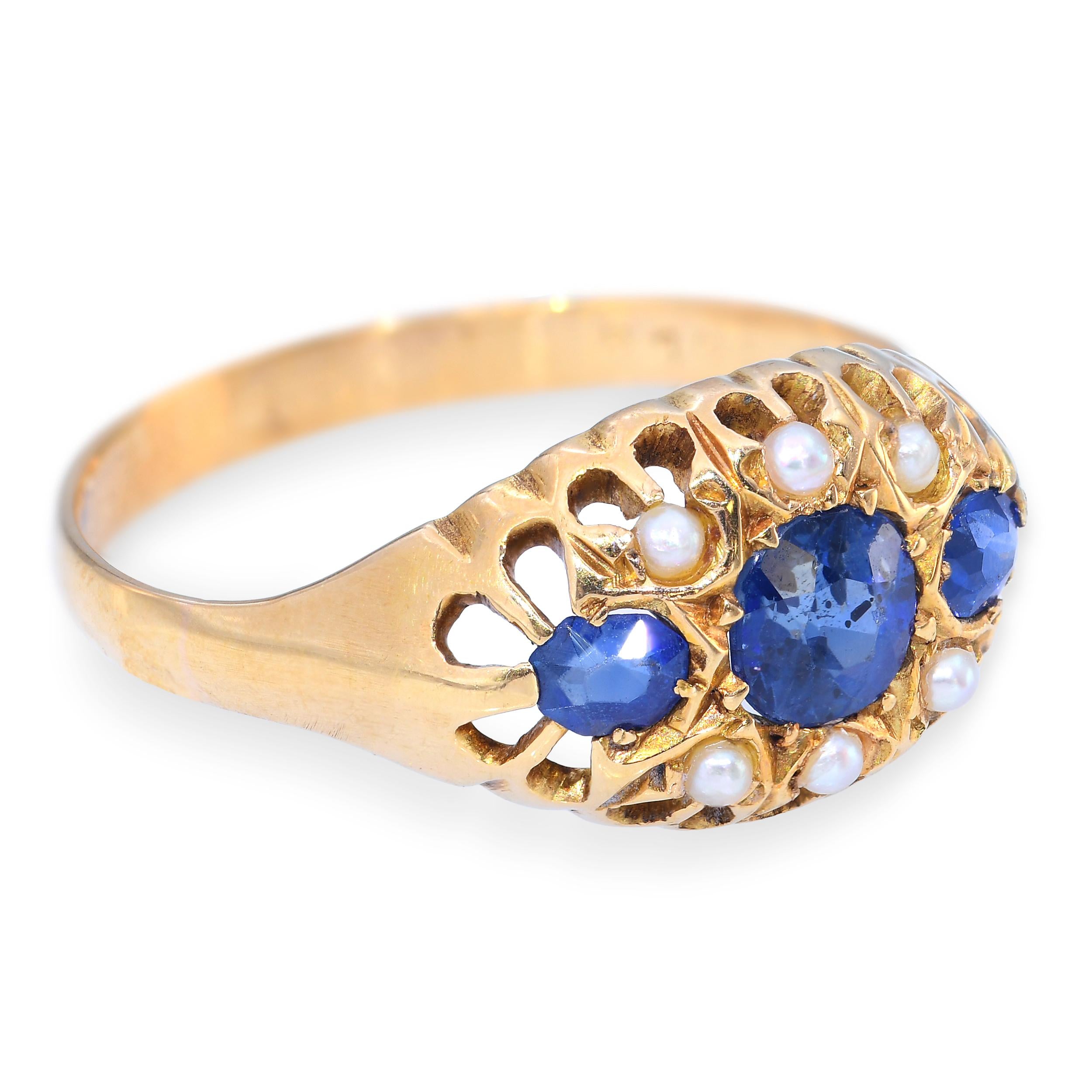 Victorian 18k Yellow Gold Sapphire and Seed Pearl Ring