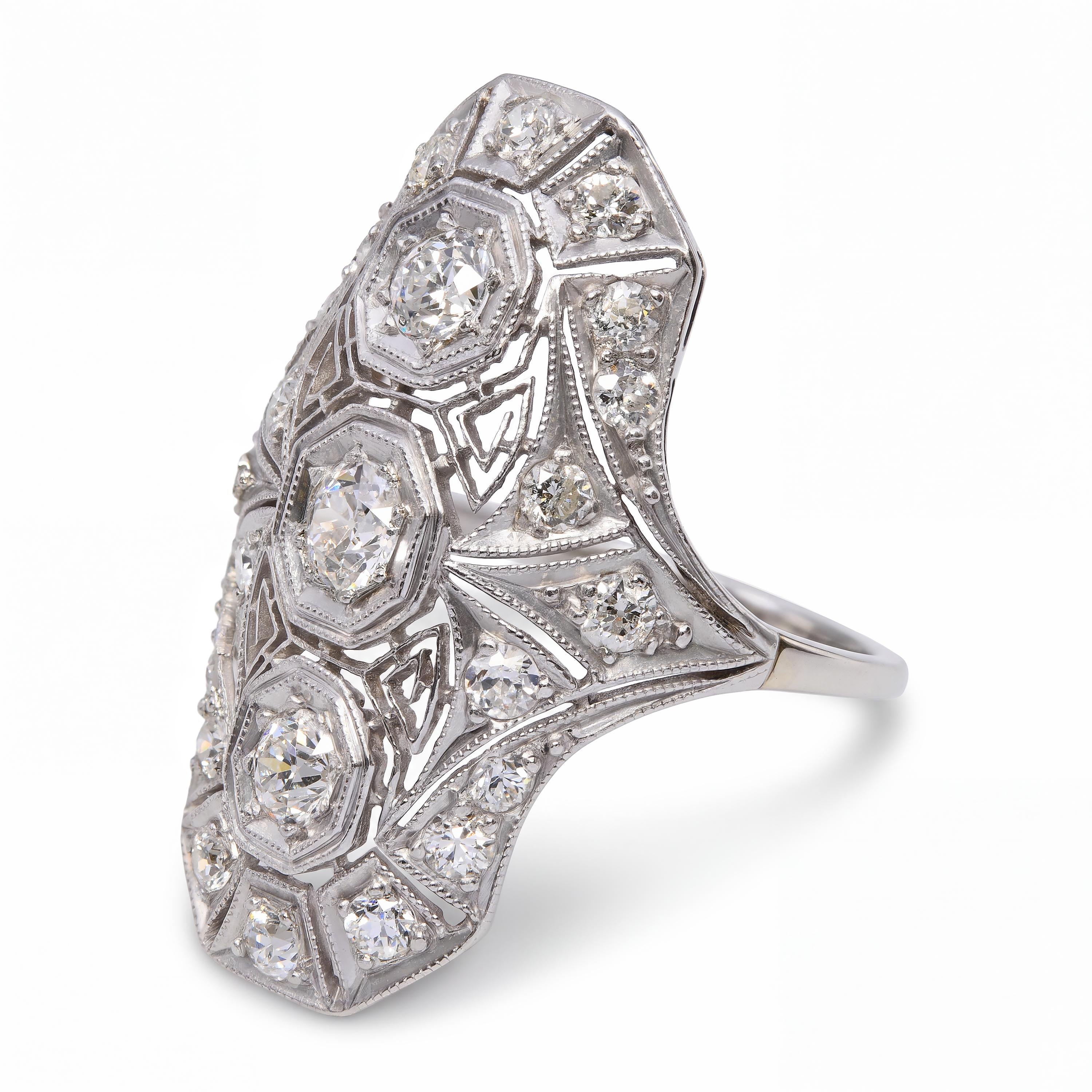 Art Deco Platinum Topped 14k White Gold Diamond Dinner Ring
