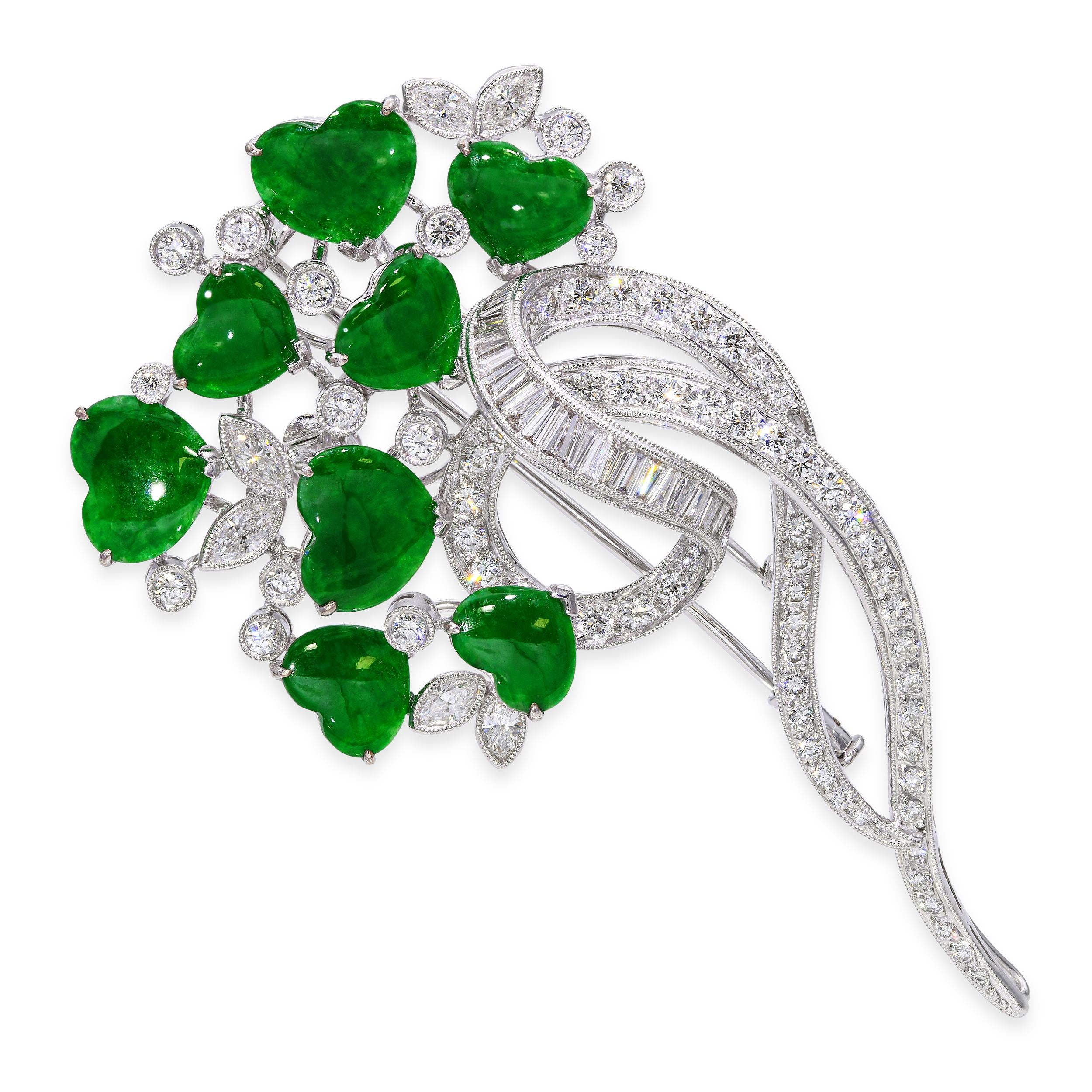 GIA White Gold Imperial Green Type A Jadeite Heart and 2.21tcw Diamond Brooch
