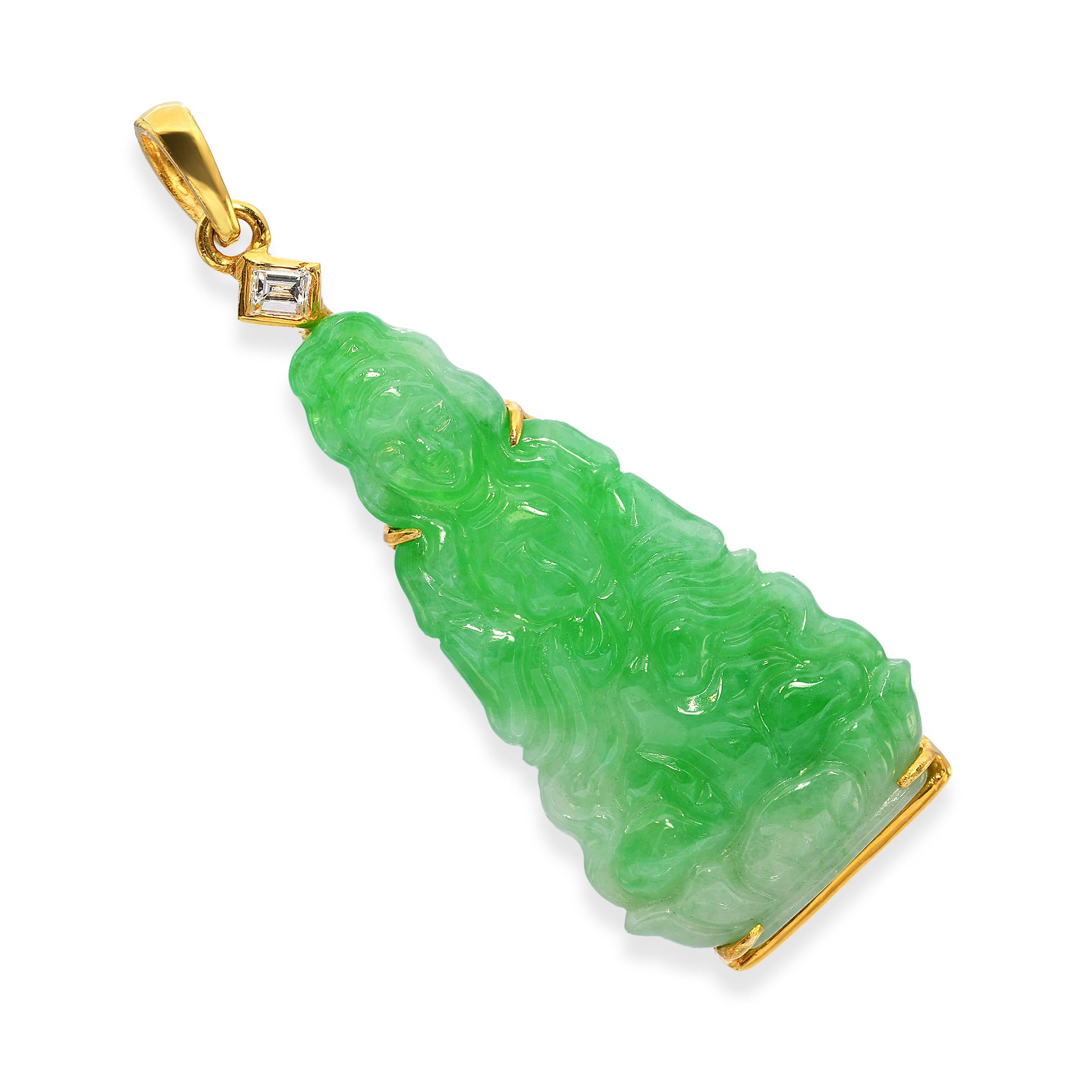 Vintage 18k Yellow Gold Kwan Yin Jadeite Carving With Diamond Accent Pendant