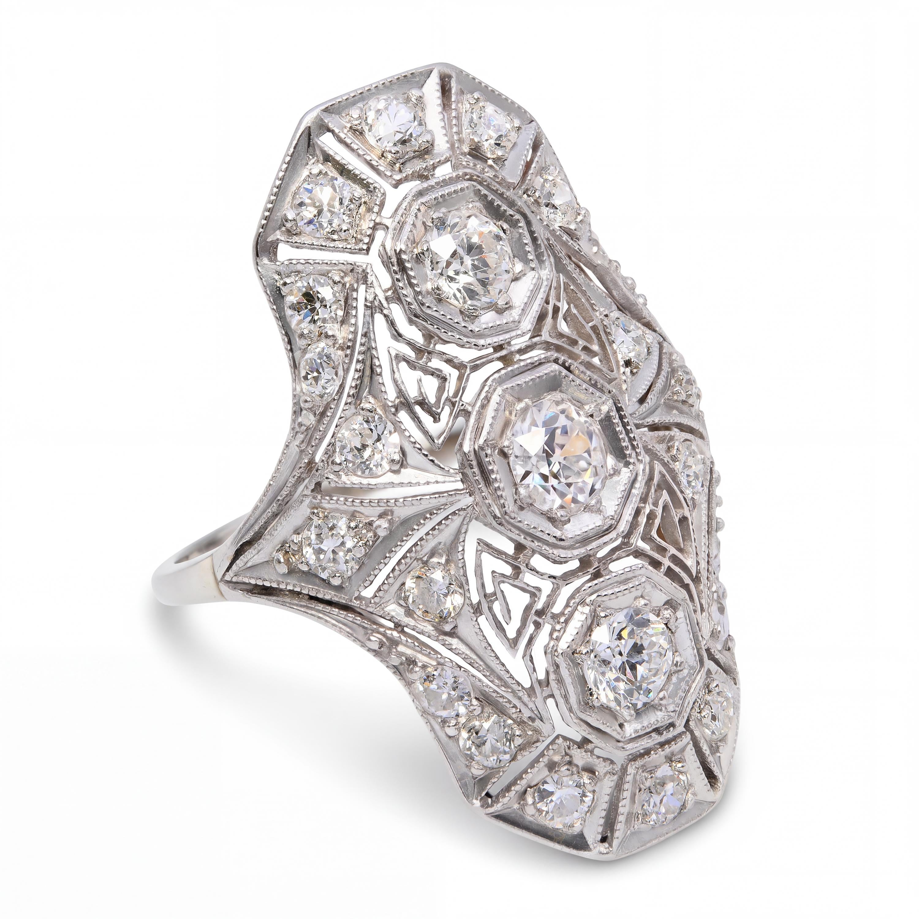 Art Deco Platinum Topped 14k White Gold Diamond Dinner Ring