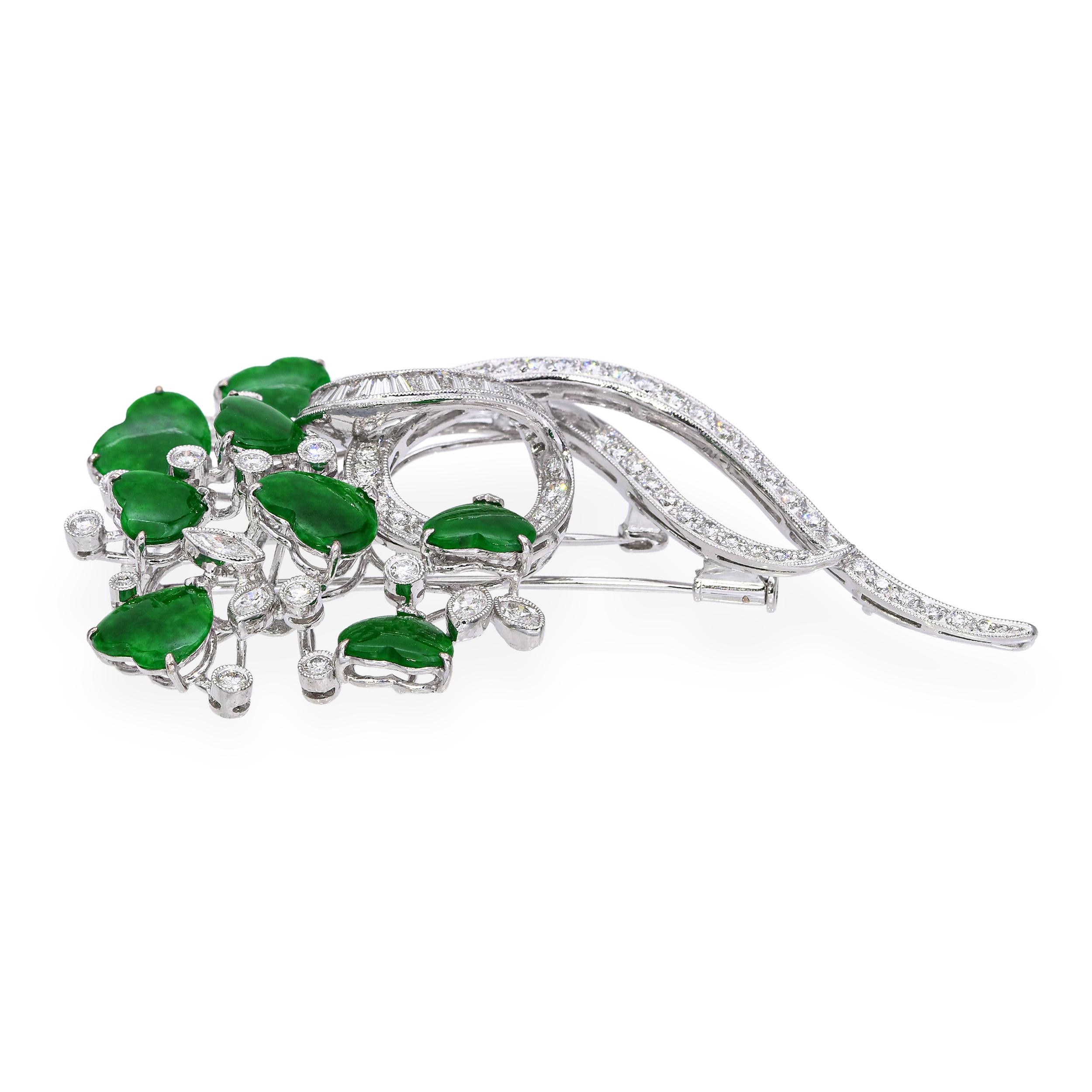 GIA White Gold Imperial Green Type A Jadeite Heart and 2.21tcw Diamond Brooch
