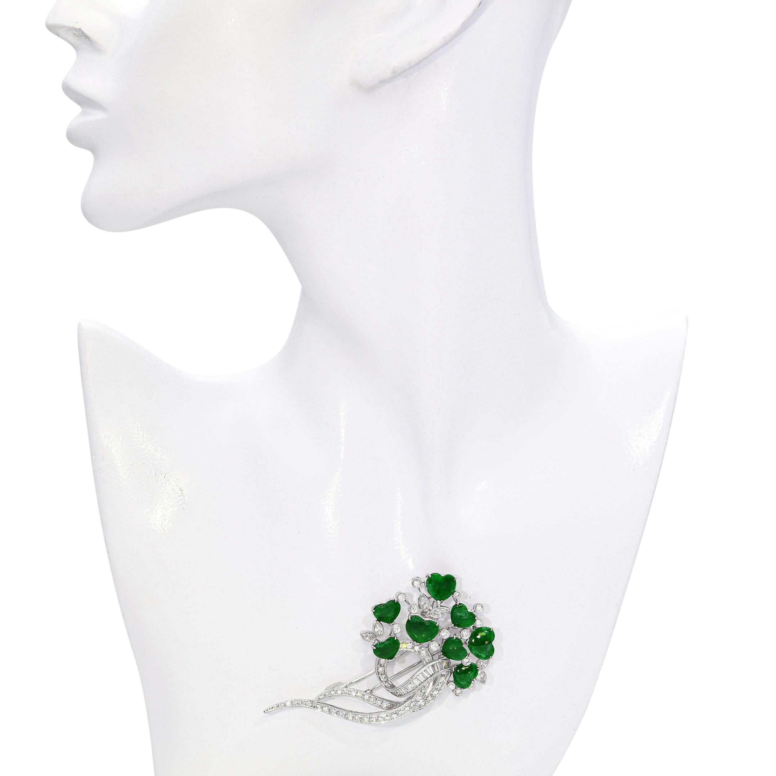 GIA White Gold Imperial Green Type A Jadeite Heart and 2.21tcw Diamond Brooch