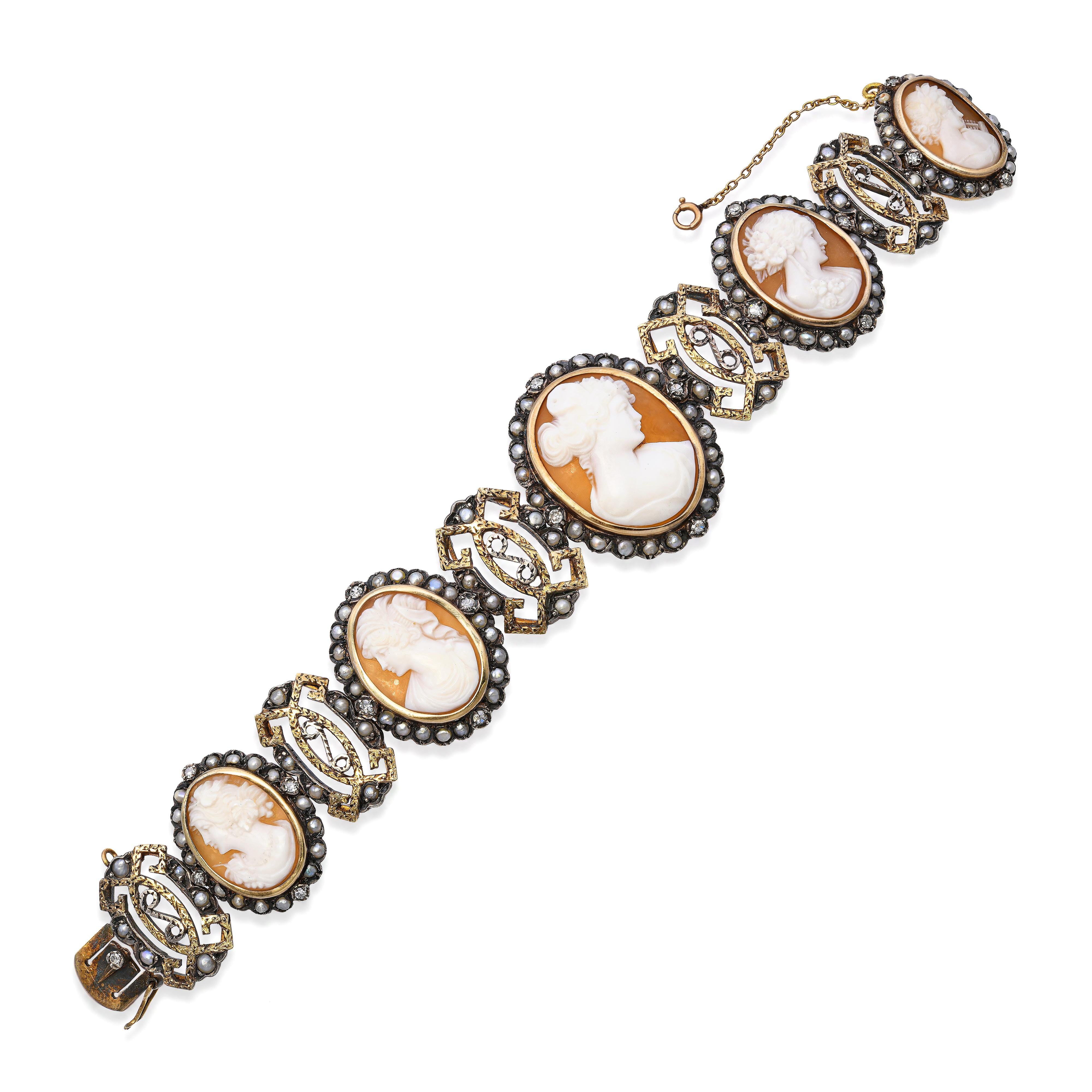 Victorian Silver and Yellow Gold Multi Cameo Pearl and Diamond Bracelet