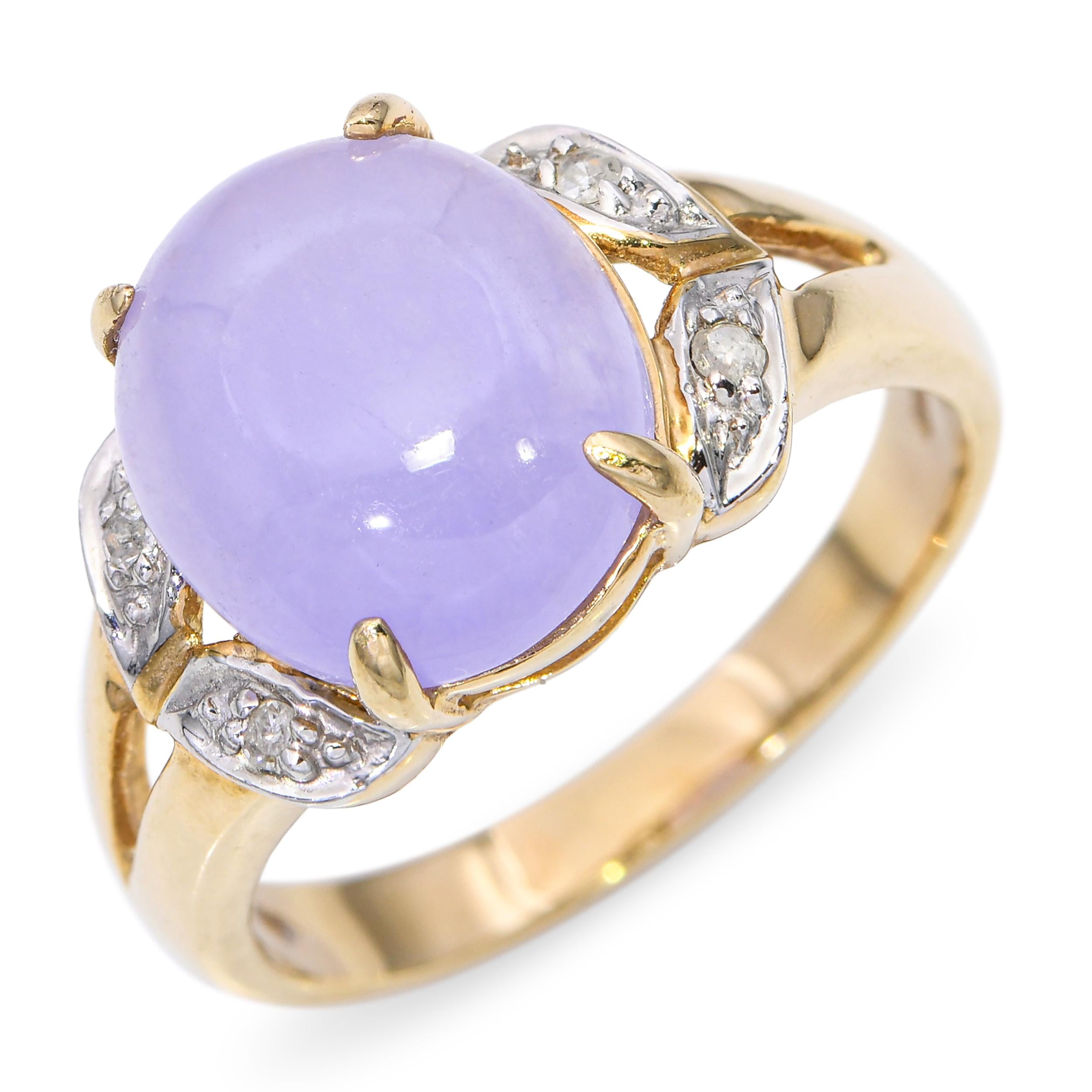 Vintage 10k Yellow Gold 3.02ct Lavender Jadeite Jade and Diamond Ring