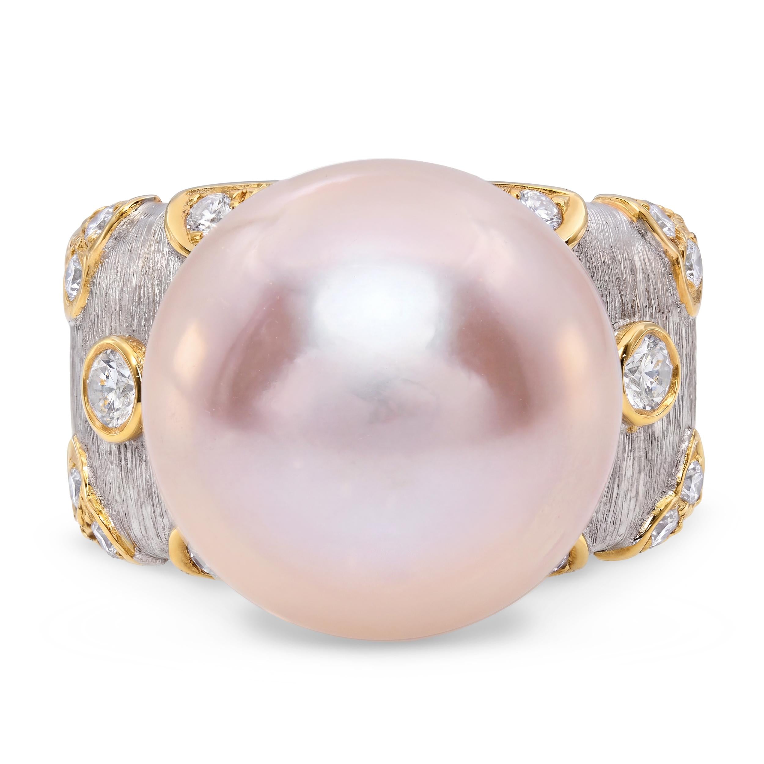 Vintage 18k White Gold Pink South Sea Pearl & Diamond Ring