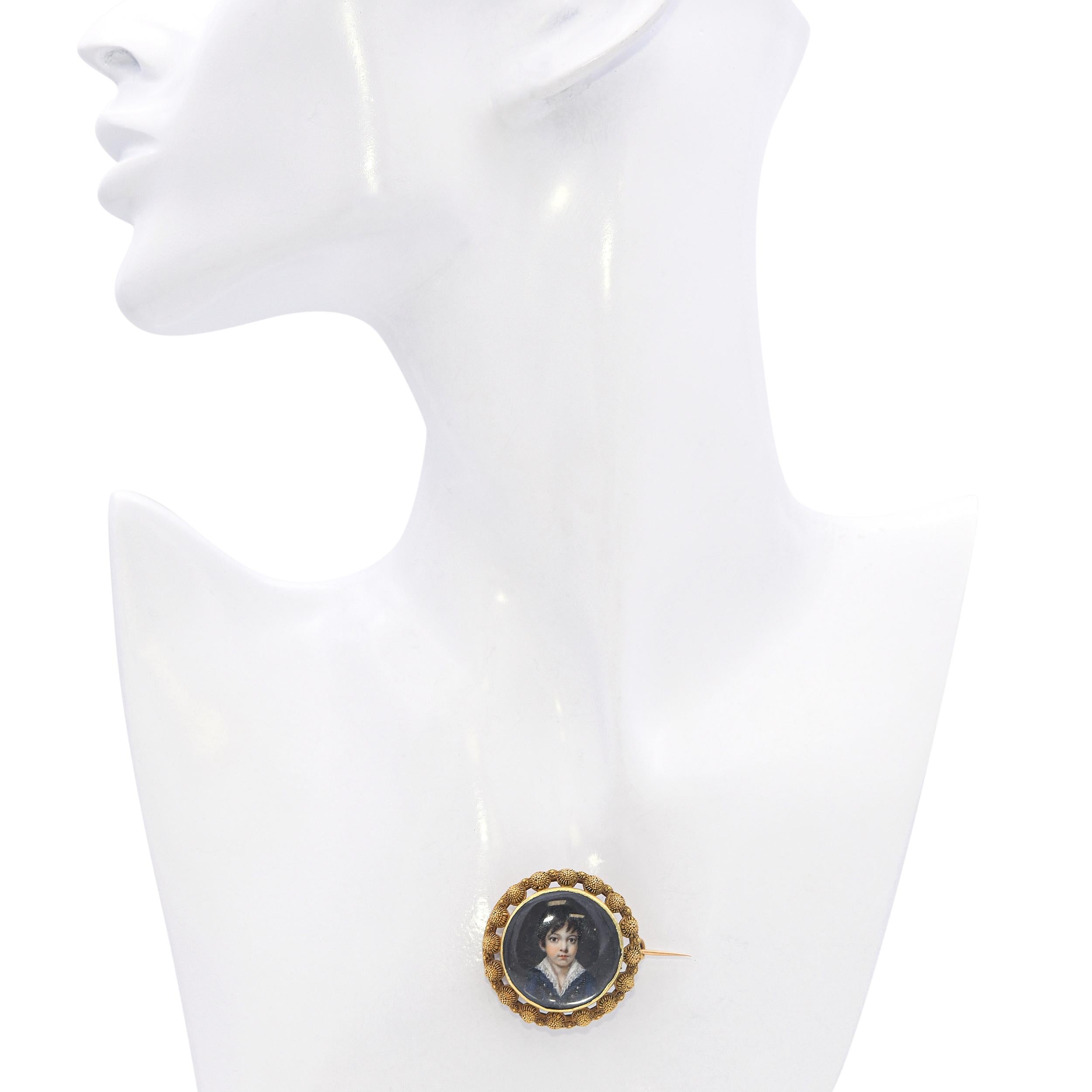 Vintage Yellow Gold Miniature Portrait Boy Brooch