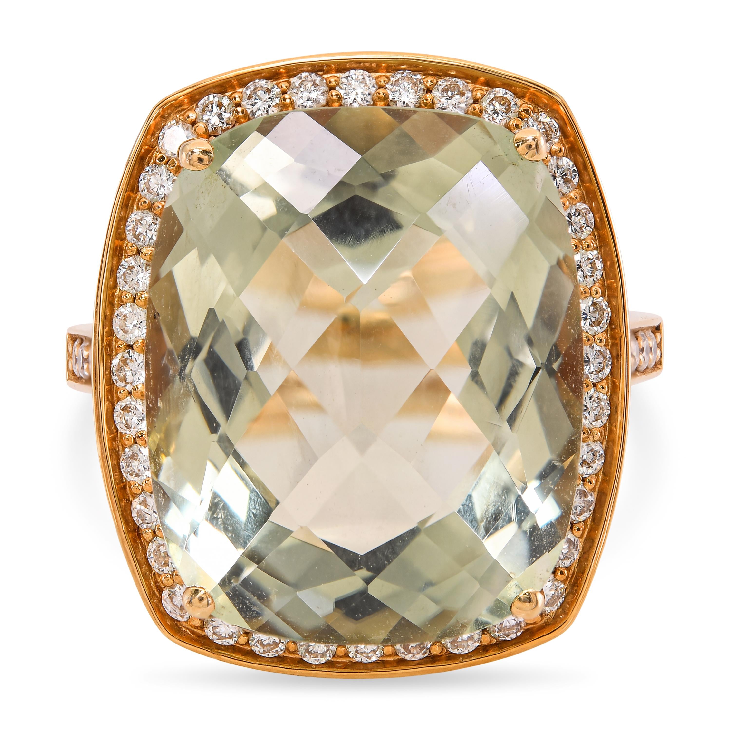 18k Yellow Gold Checkerboard Cut Aquamarine and Diamond Halo Statement Ring