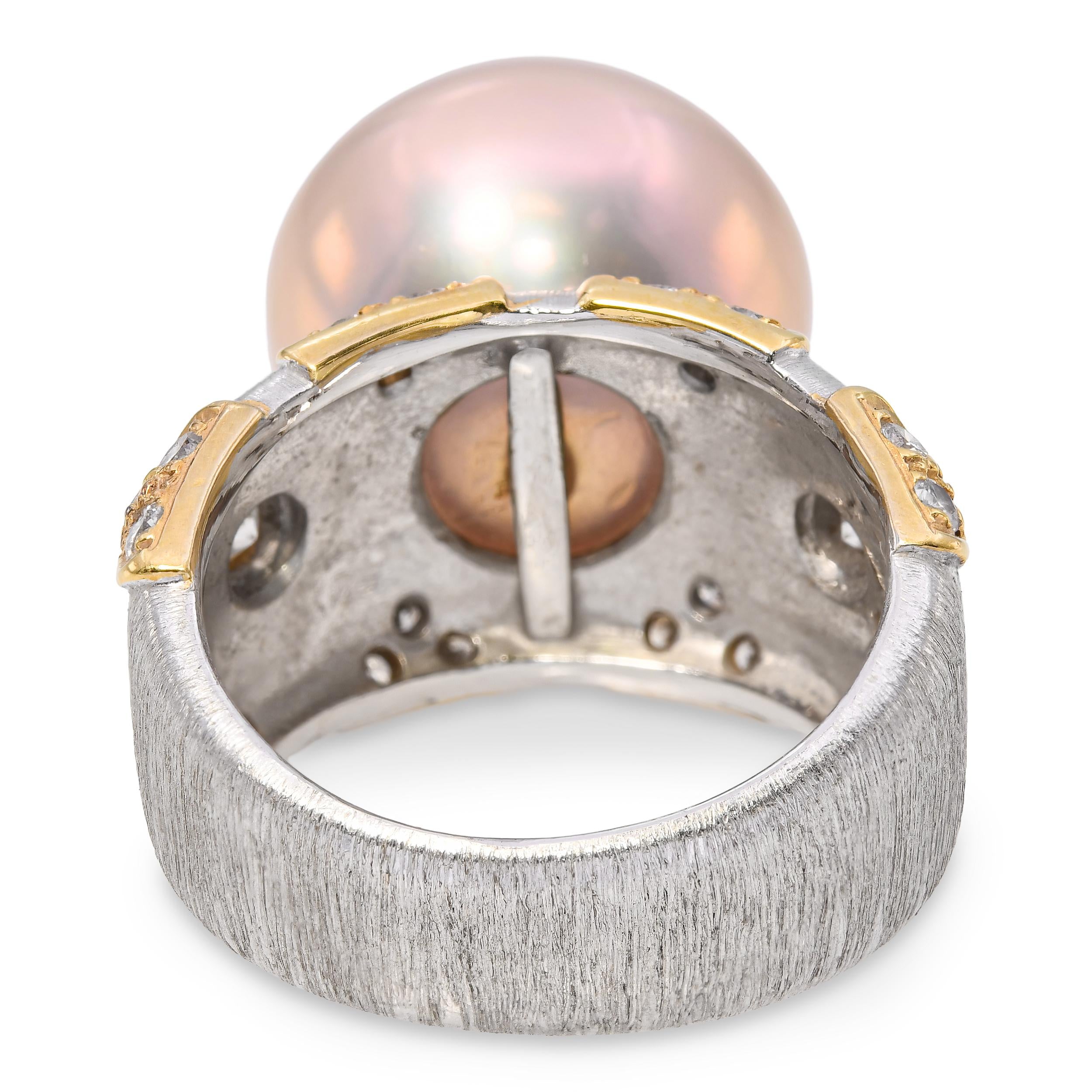 Vintage 18k White Gold Pink South Sea Pearl & Diamond Ring