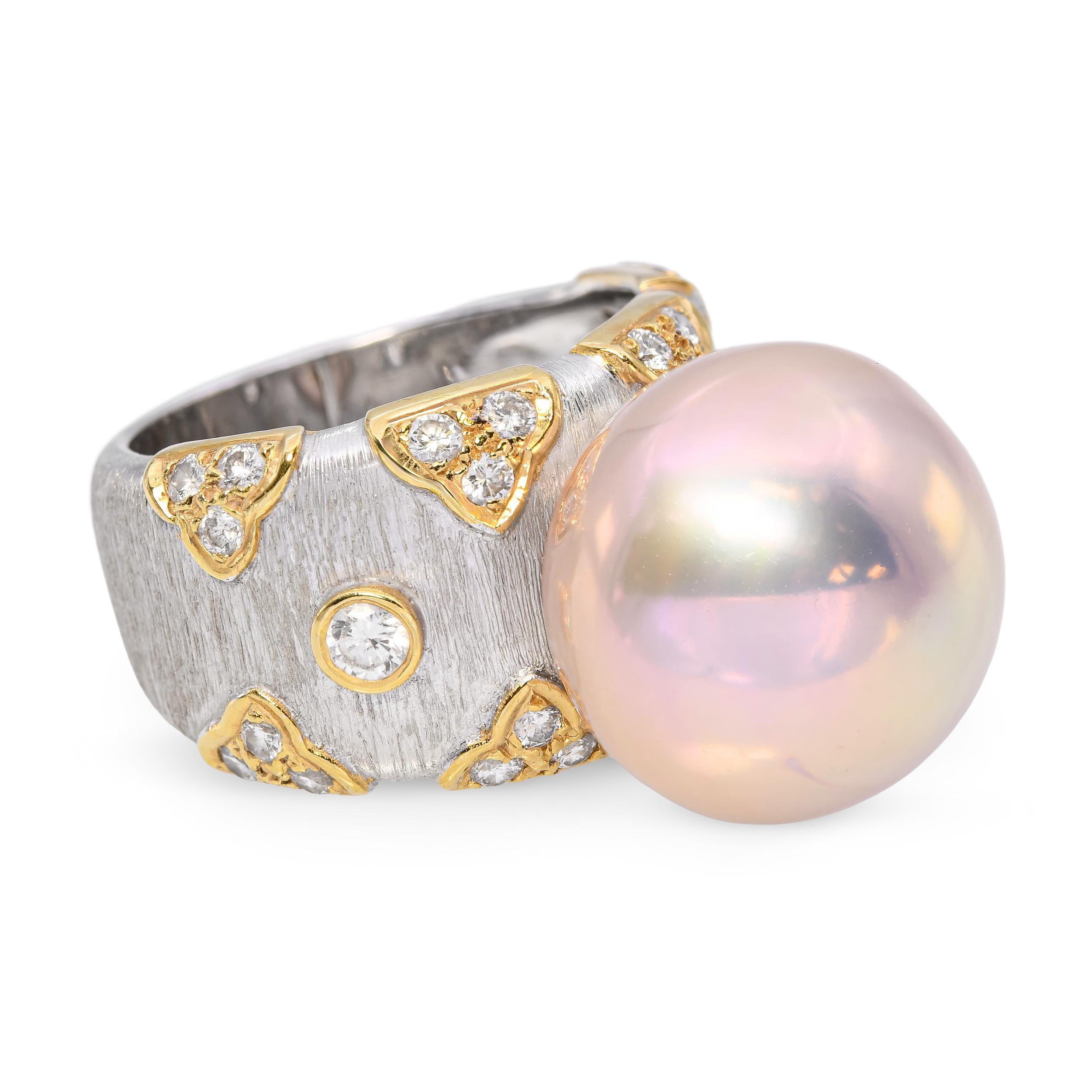 Vintage 18k White Gold Pink South Sea Pearl & Diamond Ring